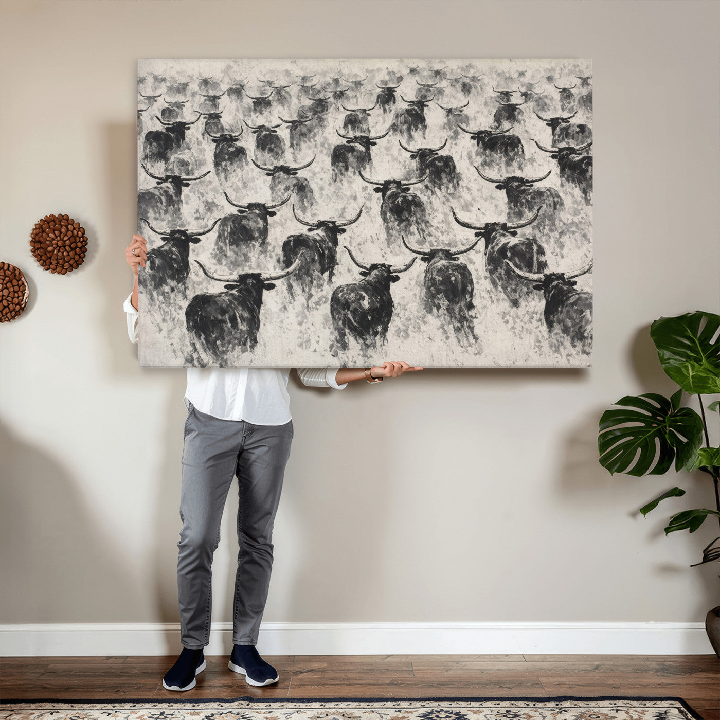 73328525-MGV-CV-36X24 - Texas Longhorn Drawing Canvas Wall Art, Western Cattle Stampede Painting Print, Warm Amber Ranch Decor, Rustic Cowboy Home Art, Large Living Room Decor