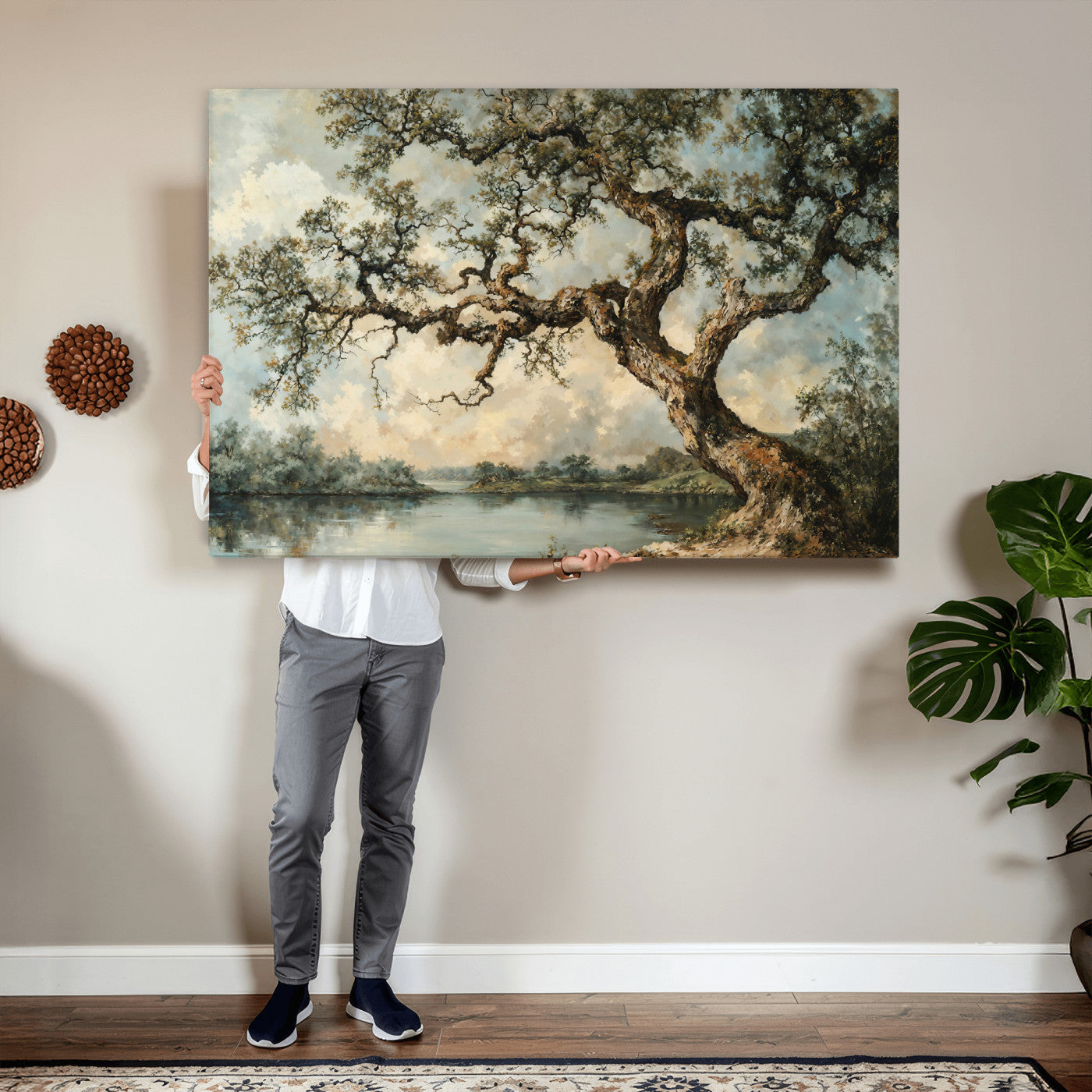63857726-MGV-CV-36X24 - Old Oak Tree Canvas Wall Art, Turner Inspired Romantic Landscape Print, Vintage Nature Painting, Living Room Wall Decor, Antique Style Tree Art