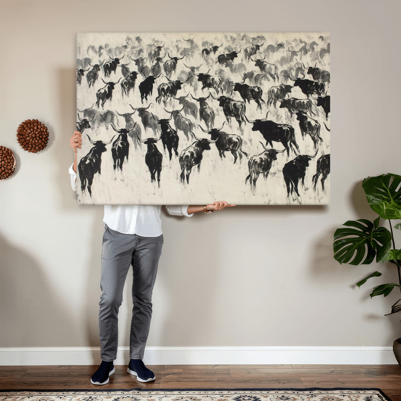 68669792-MGV-CV-36X24 - Longhorn Cattle Canvas Wall Art, Black White Stampede Ink Painting Print, Western Farmhouse Decor, Bull Herd Art, Large Living Room Wall Art, Ranch Home Decor