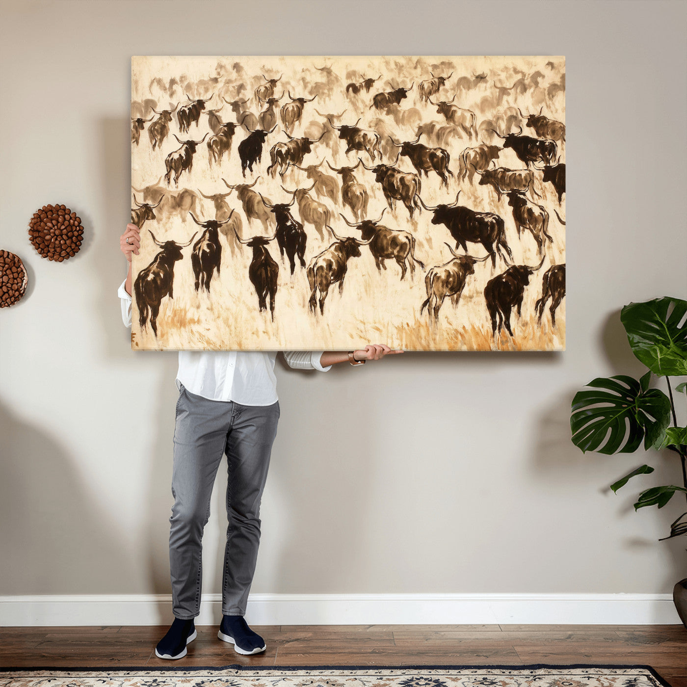 39077774-MGV-CV-36X24 - Texas Longhorn Sepia Canvas Wall Art, Western Cattle Stampede Painting Print, Warm Amber Ranch Decor, Rustic Cowboy Home Art, Large Living Room Decor