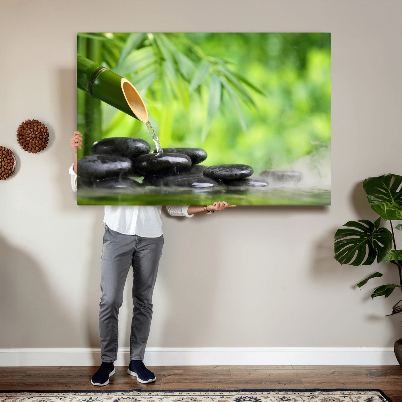 26961320-MGV-CV-36X24 - Bamboo Water Flow Black Stone Canvas | Zen Spa Nature Photography Print | Green Mist Japanese Garden Wall Art | Tranquil Decor