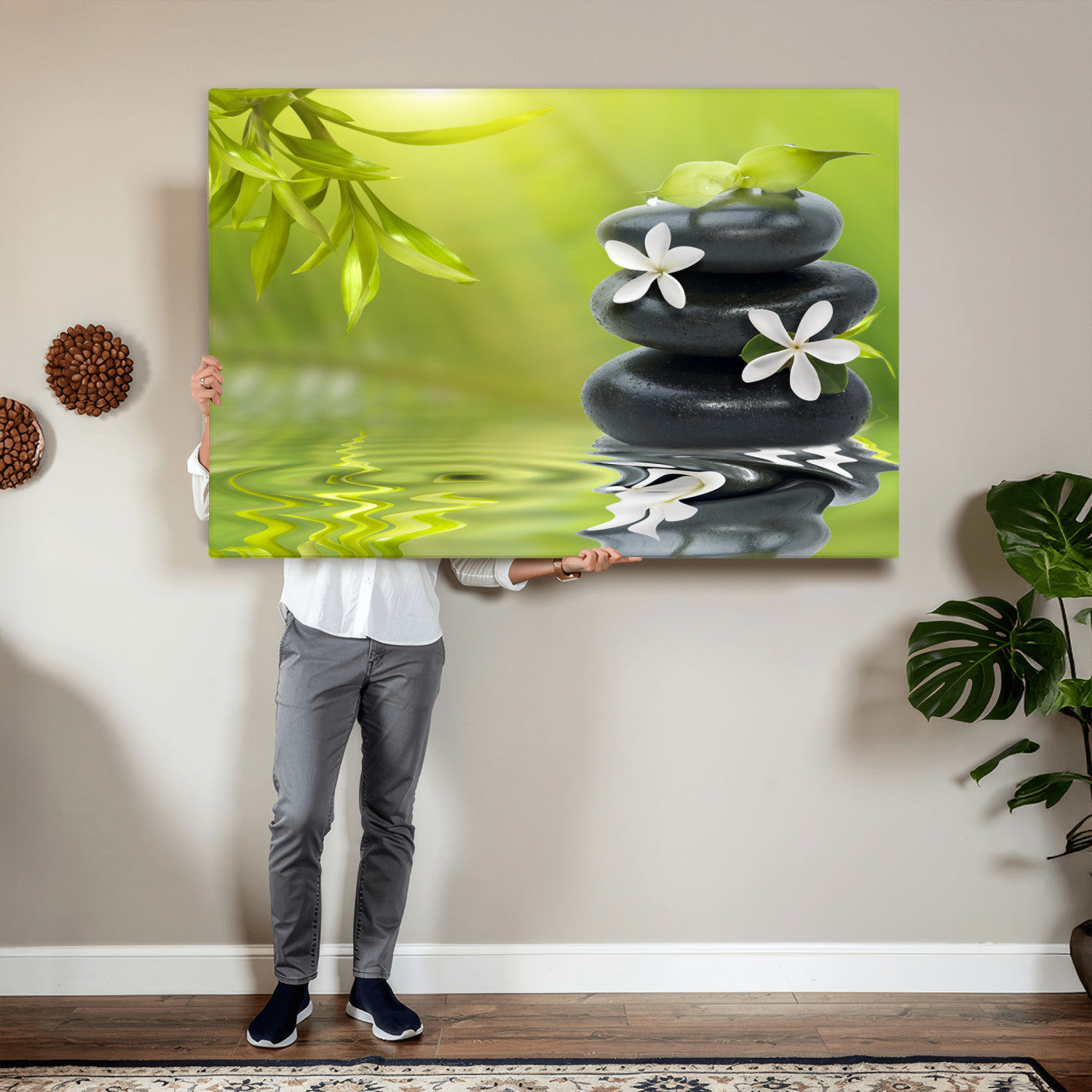 51106626-MGV-CV-36X24 - Plumeria Frangipani Black Stone Canvas | White Flower Spa Photography Print | Tropical Zen Wall Art | Grey Pebble Floral for Meditation Yoga Room Decor