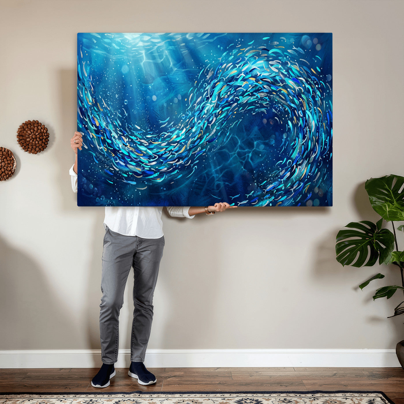 54535639-MGV-CV-36X24 - School of Fish Canvas Print | Blue Ocean Underwater Wall Art | Swirling Fish Shoal Illustration | Marine Navy Coastal Decor