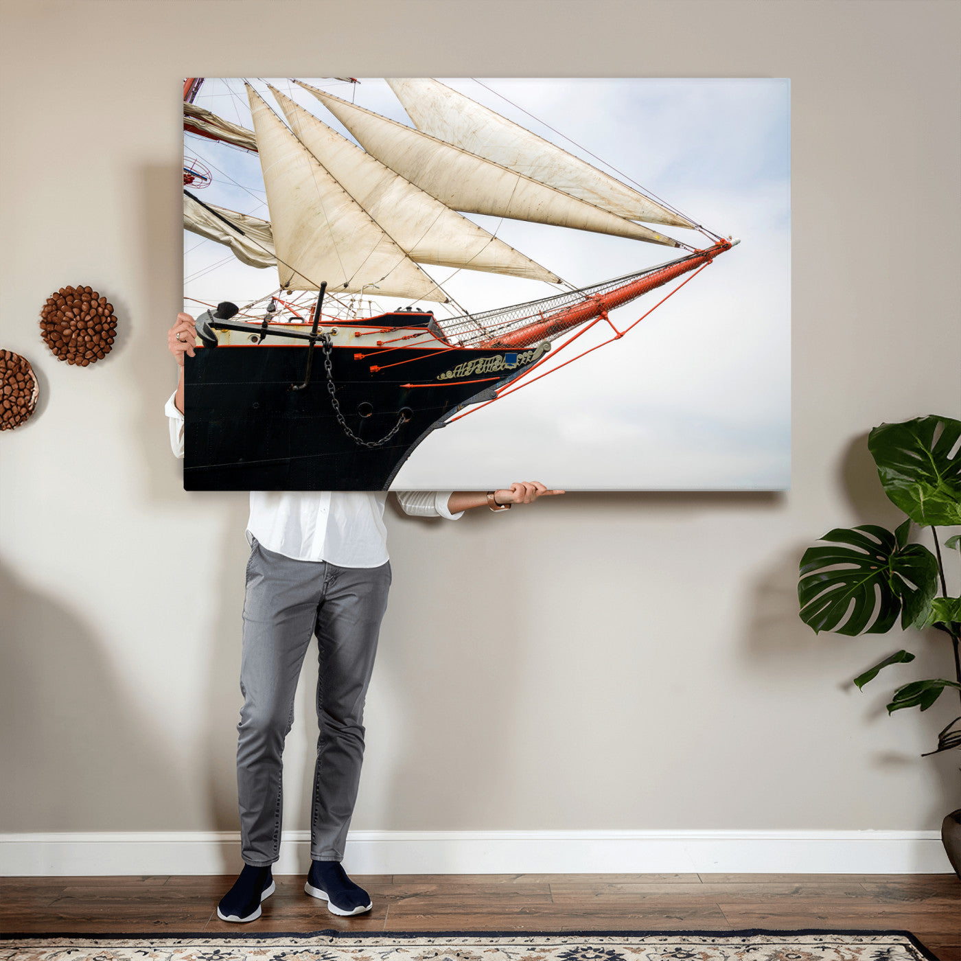 64830036-MGV-CV-36X24 - Sailboat Wall Art Canvas Print, Vintage Ship Bow Framed Artwork, Nautical Sailing Decor for Living Room Office Beach House