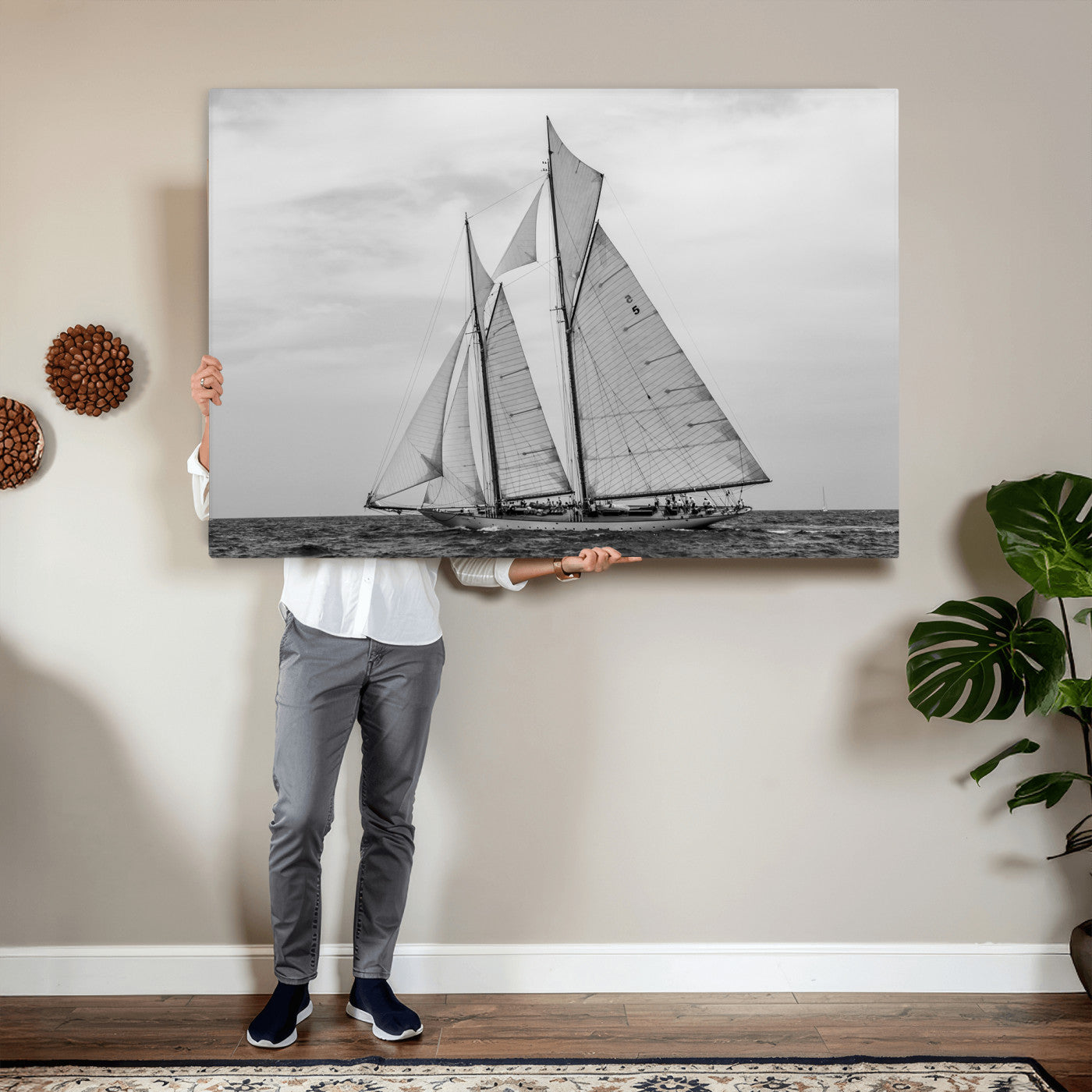 52882918-MGV-CV-36X24 - Vintage Sailboat Wall Art Canvas Print, Black and White Schooner Framed Artwork, Nautical Ocean Sailing Decor for Living Room Office Beach House