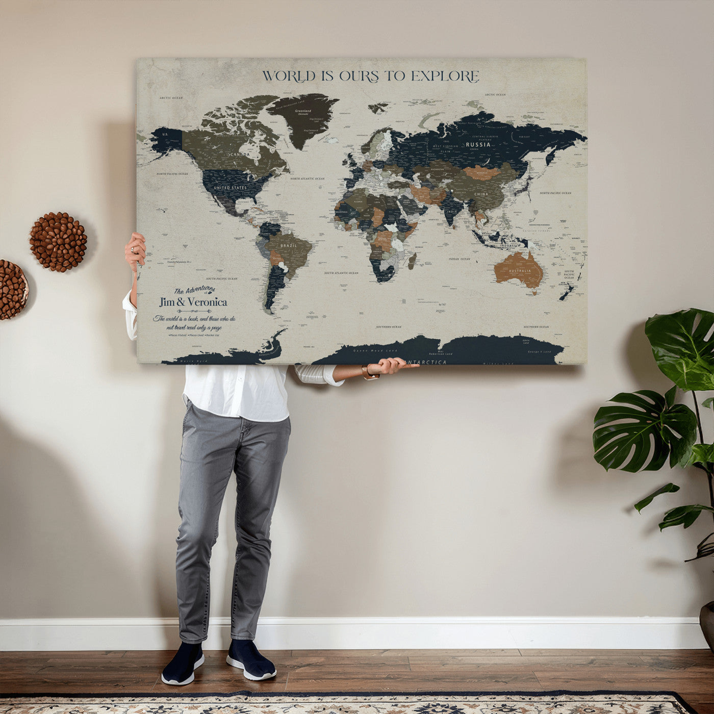 64110391126C-MGV-CV-36X24 - Custom Push Pin World Map Wall Art Canvas Print – Personalized Travel Tracker with Pins Framed Large for Home and Office Decor