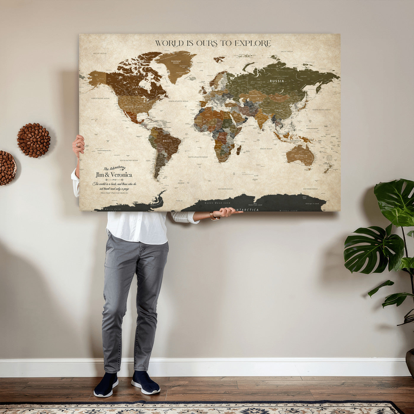 64110391126O-MGV-CV-36X24 - Custom Push Pin World Map Wall Art Canvas Print – Personalized Travel Tracker with Pins Framed Large for Home and Office Decor