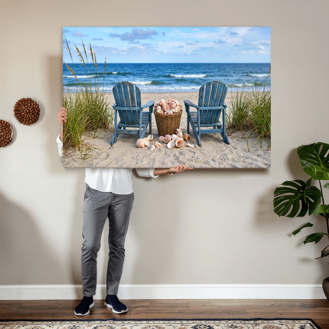 80268829-MGV-CV-36X24 - Large Beach Canvas Wall Art Coastal Adirondack Chairs Ocean Seashells Blue Nautical Framed Large for Living Room Bedroom Bathroom Decor