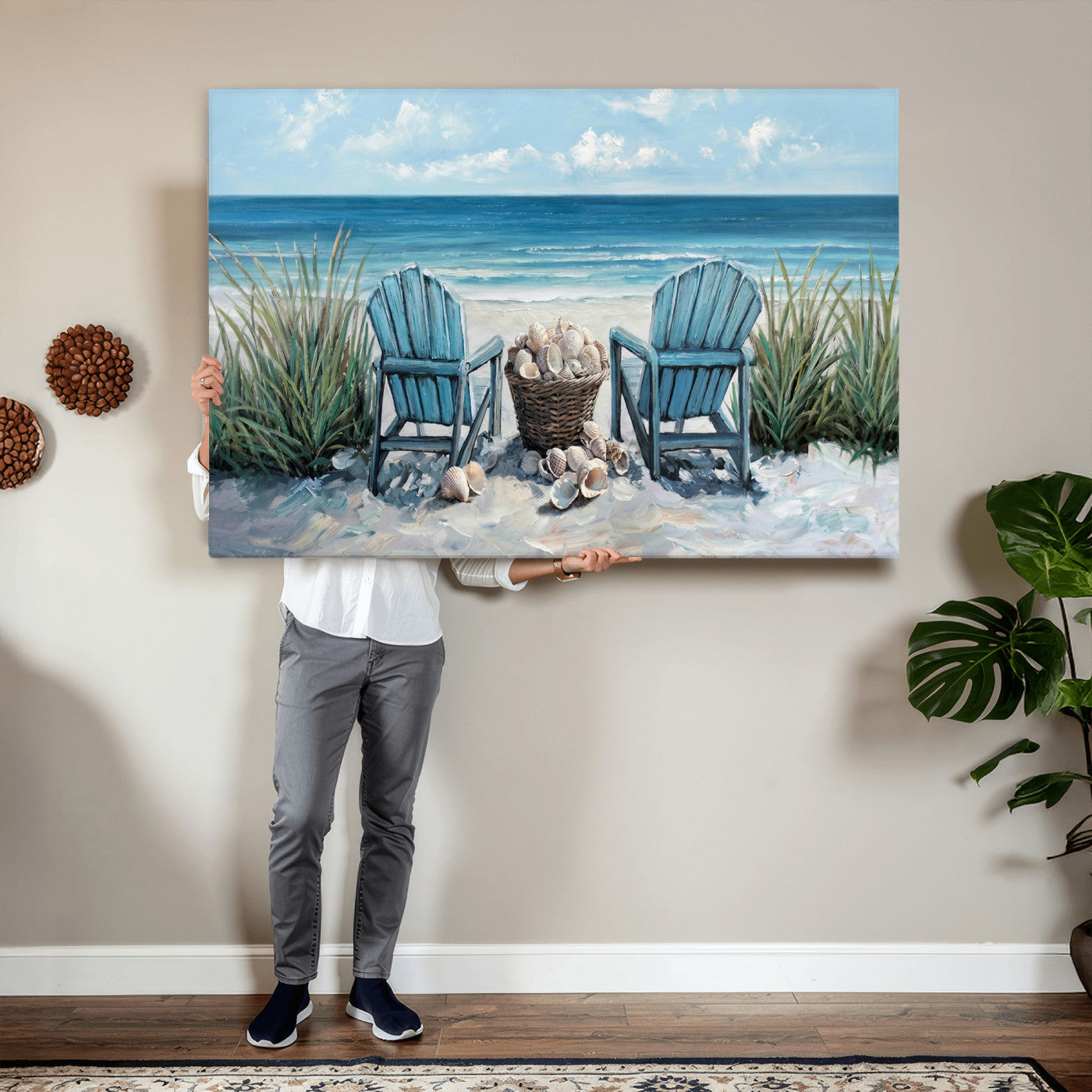 11973028-MGV-CV-36X24 - Beach Canvas Wall Art Coastal Adirondack Chairs Ocean Seashells Blue Nautical Framed Large for Living Room Bedroom Bathroom Decor