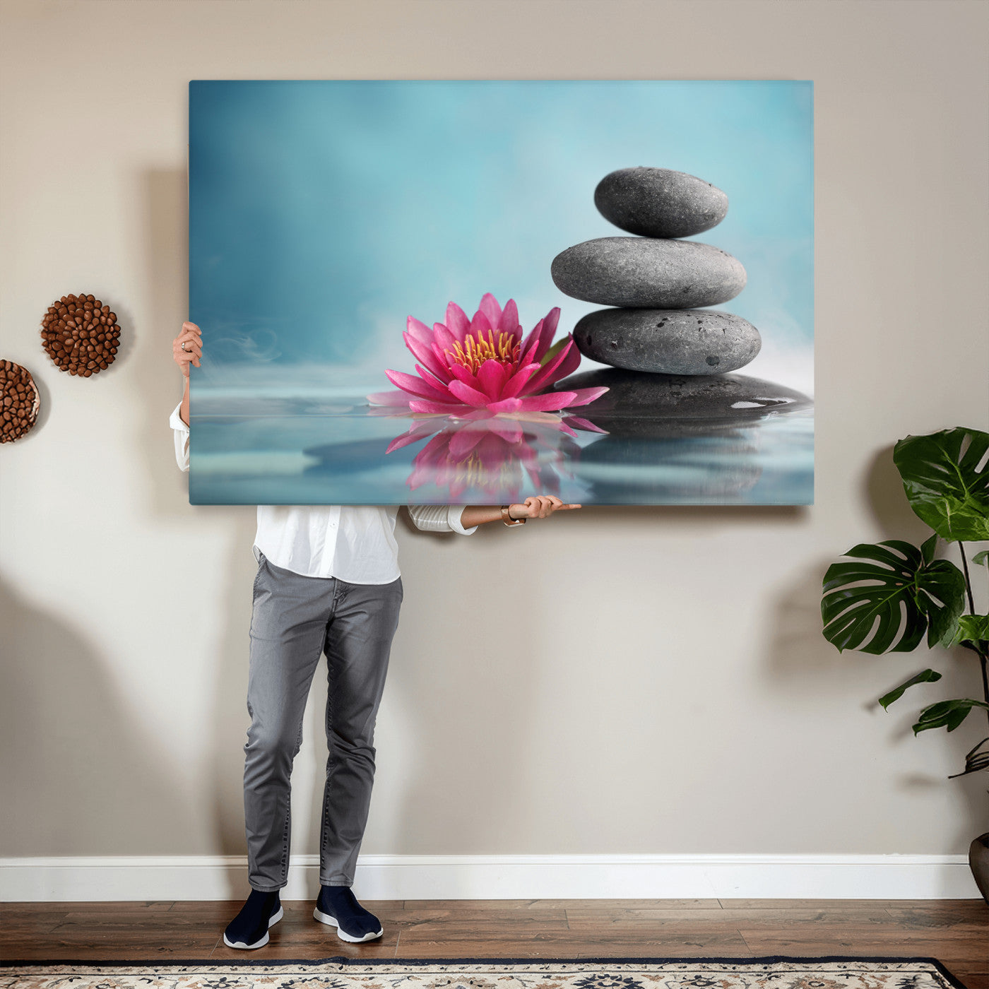 84293154-MGV-CV-36X24 - Zen Canvas Wall Art Lotus Flower Stacked Stones Teal Spa Meditation Relaxation Framed Large for Bathroom Bedroom Living Room Office Decor