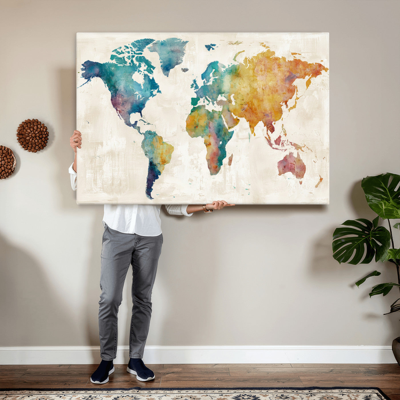 56556018-MGV-CV-36X24 - Watercolor World Map Canvas Wall Art Print – Abstract Colorful Travel Wall Decor