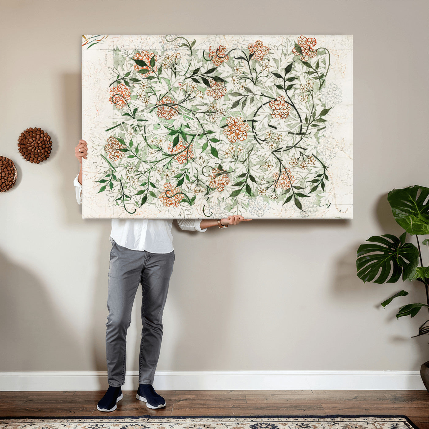 17622011W-MGV-CV-36X24 - William Morris Jasmine Flower Wall Art Canvas Print, Botanical Floral Canvas Print, Vintage Cottagecore Wall Decor, Framed Nature Artwork Ready to Hang