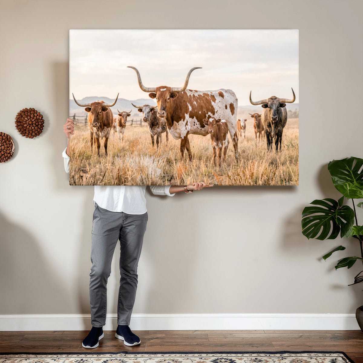 62336425AC-MGV-CV-36X24 - Texas Longhorn Canvas Wall Art, Rustic Farm Animal Photography Print, Farmhouse Country Decor, Western Ranch Art