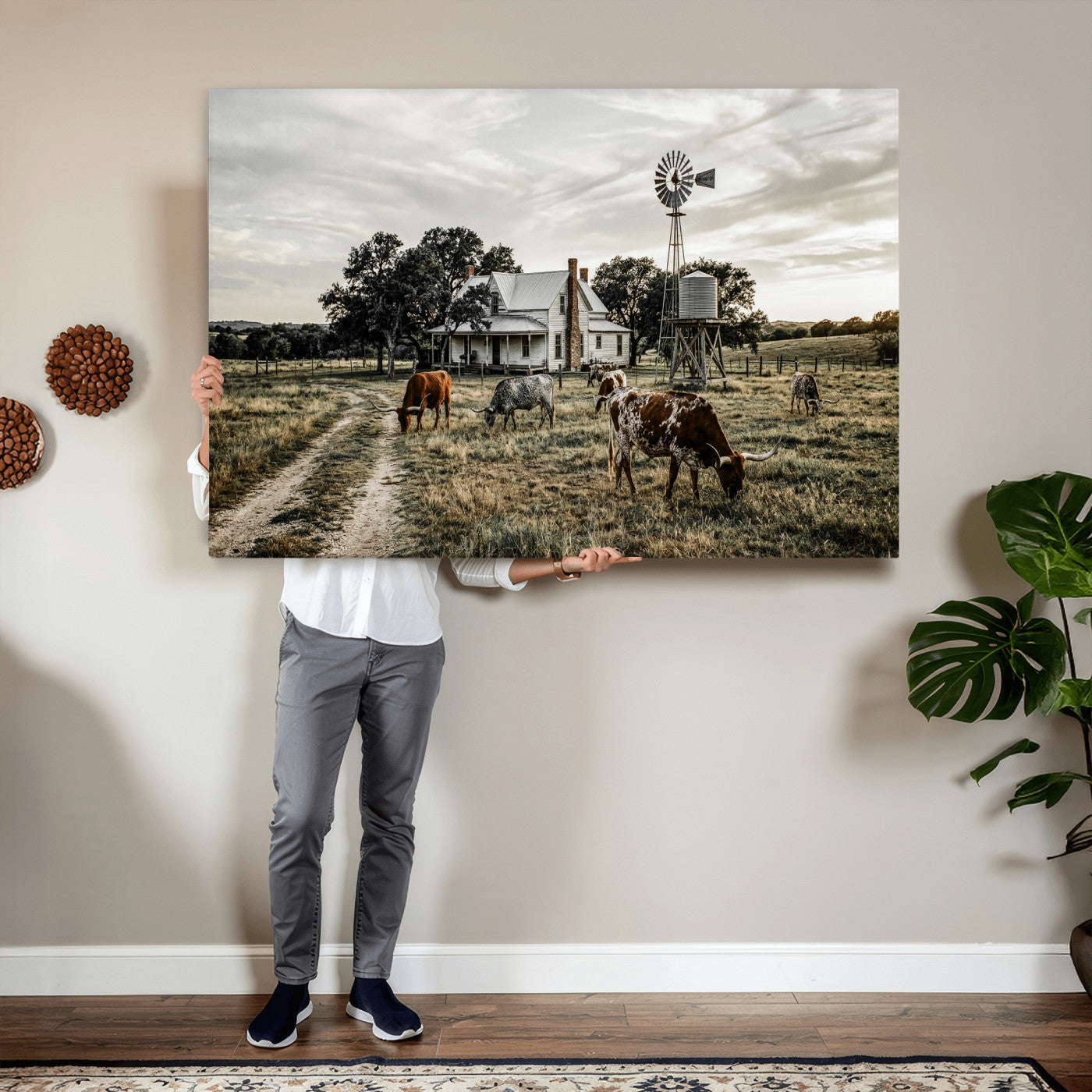 92429425-MGV-CV-36X24 - Texas Longhorn Ranch Wall Art Canvas Print, Rustic Western Farmhouse Decor, Country Landscape Canvas Wall Art, Vintage Cowboy Ranch Picture