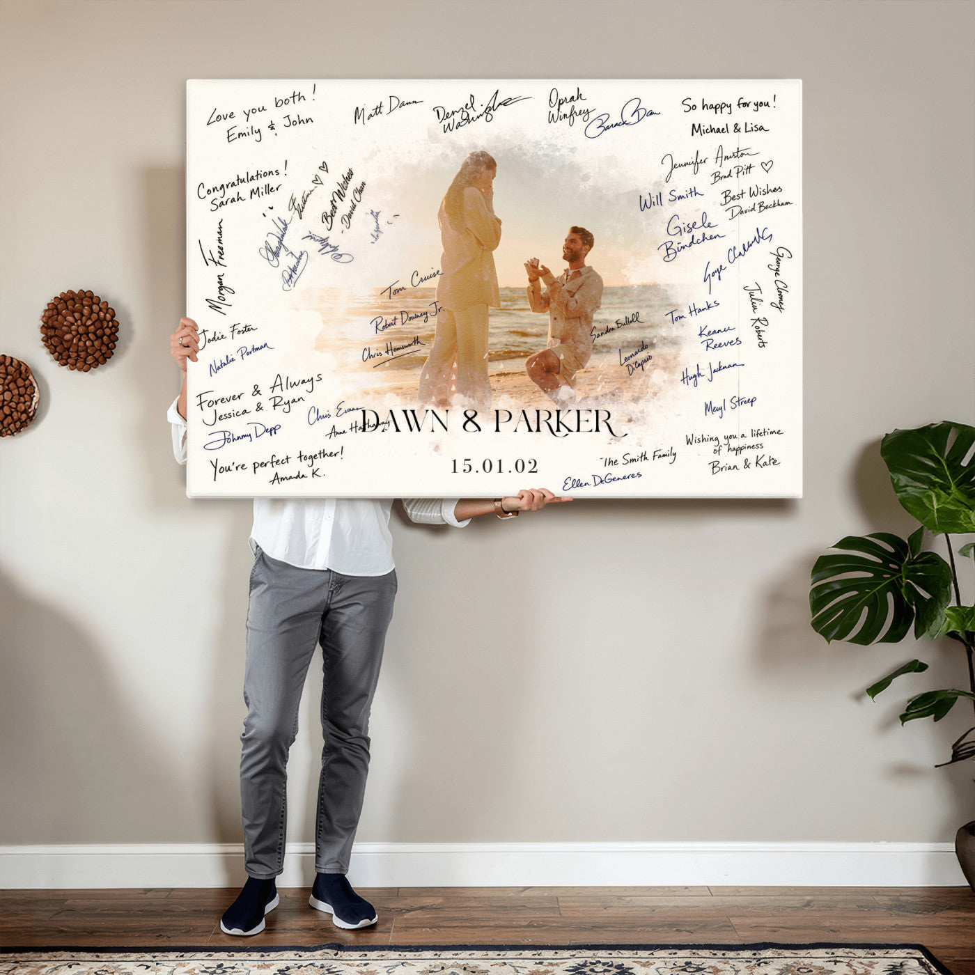 15696596-MGV-CV-36X24 - Wedding Guest Book Alternative Wall Art Canvas Print, Personalized Wedding Signature Poster, Custom Couple Photo Guestbook Canvas, Bridal Shower Reception Decor