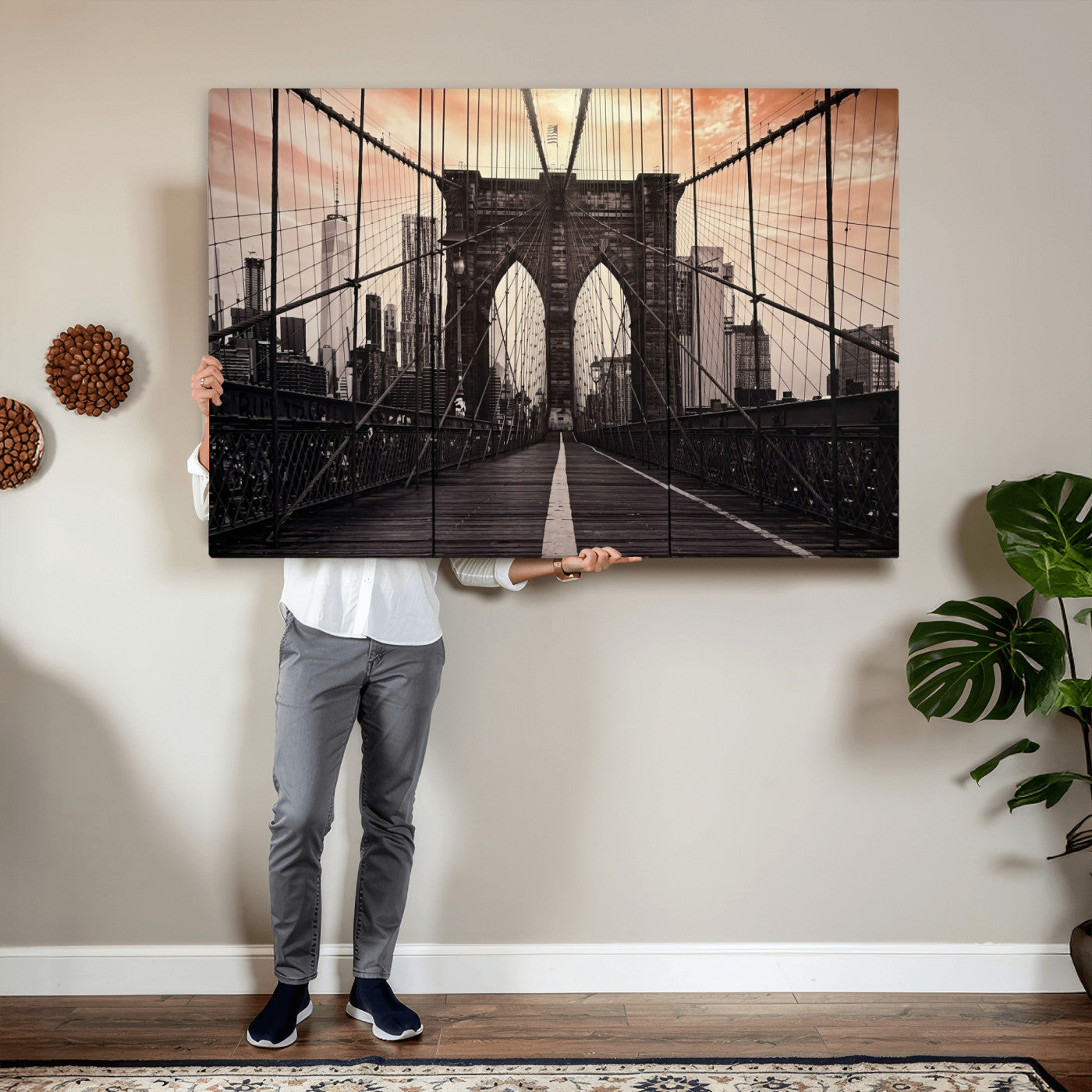 93226664-MGV-CV-36X24 - Brooklyn Bridge Canvas Wall Art, New York City Skyline Photography Print, NYC Landmark Urban Decor Artwork