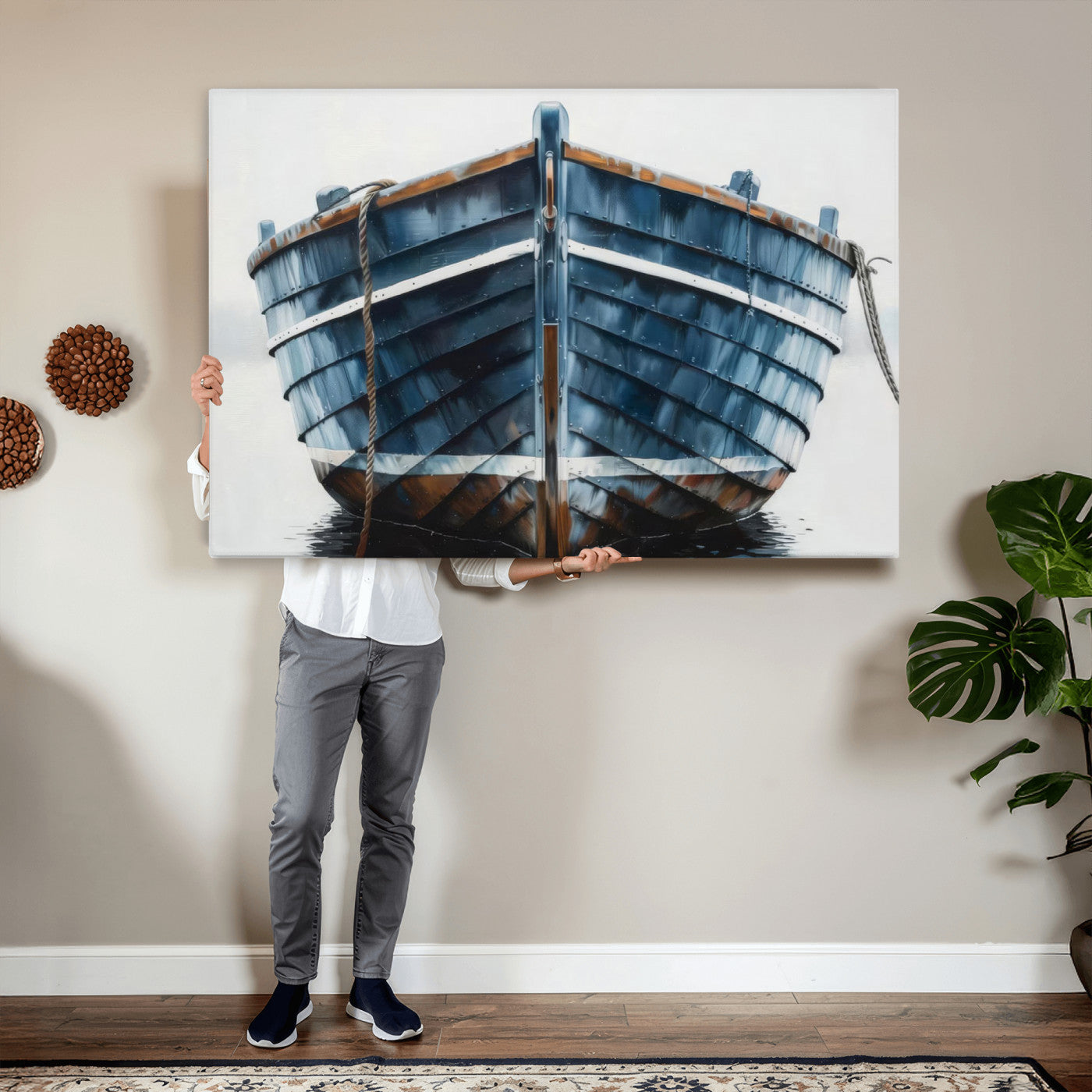 21601740-MGV-CV-36X24 - Blue Wooden Rowboat Canvas Wall Art, Coastal Nautical Boat Painting Print for Lake Beach House Decor, Minimalist Maritime Decor Artwork