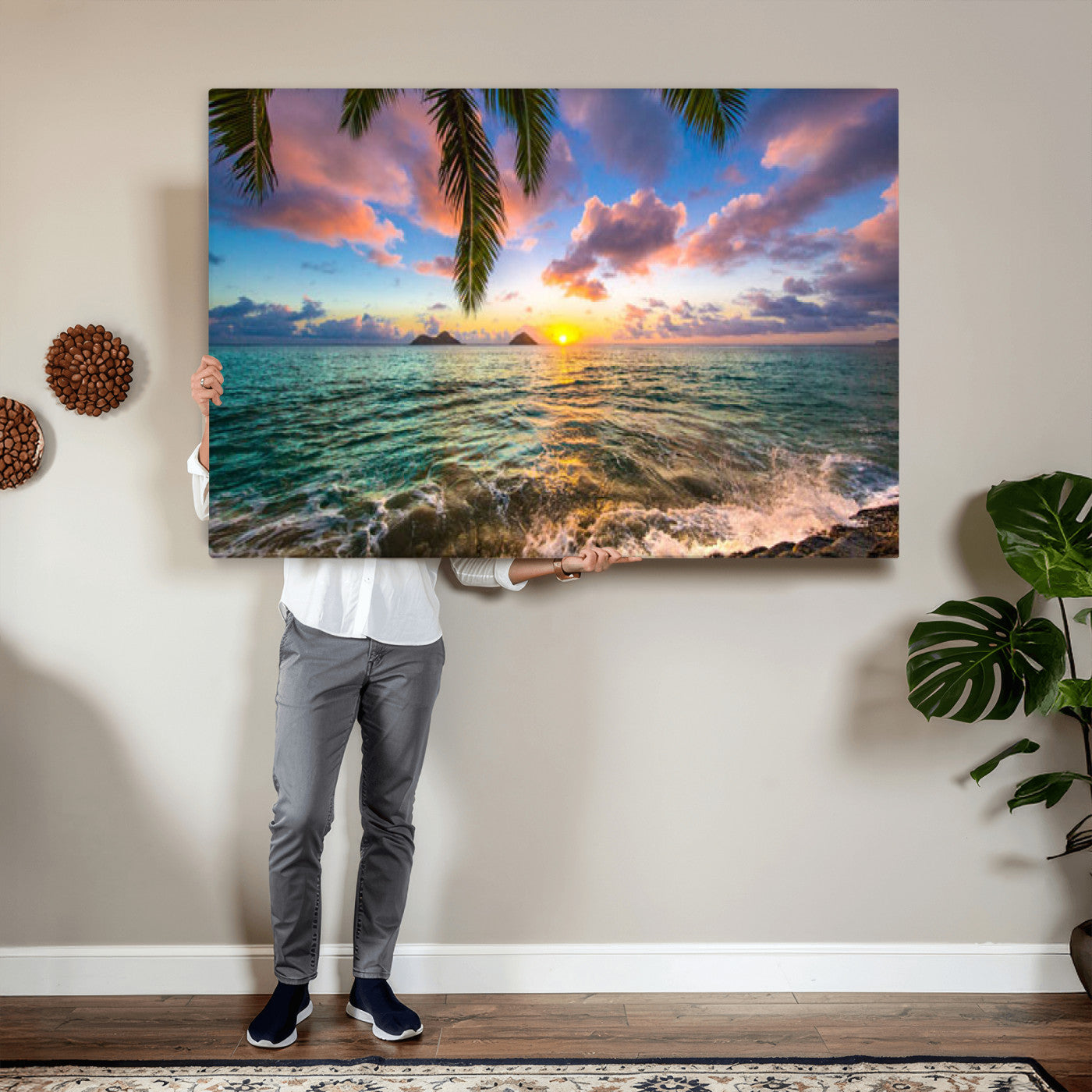 13207742-MGV-CV-36X24 - Hawaii Beach Sunset Canvas Wall Art Print, Tropical Ocean Landscape Artwork, Palm Tree Coastal Decor for Living Room Bedroom