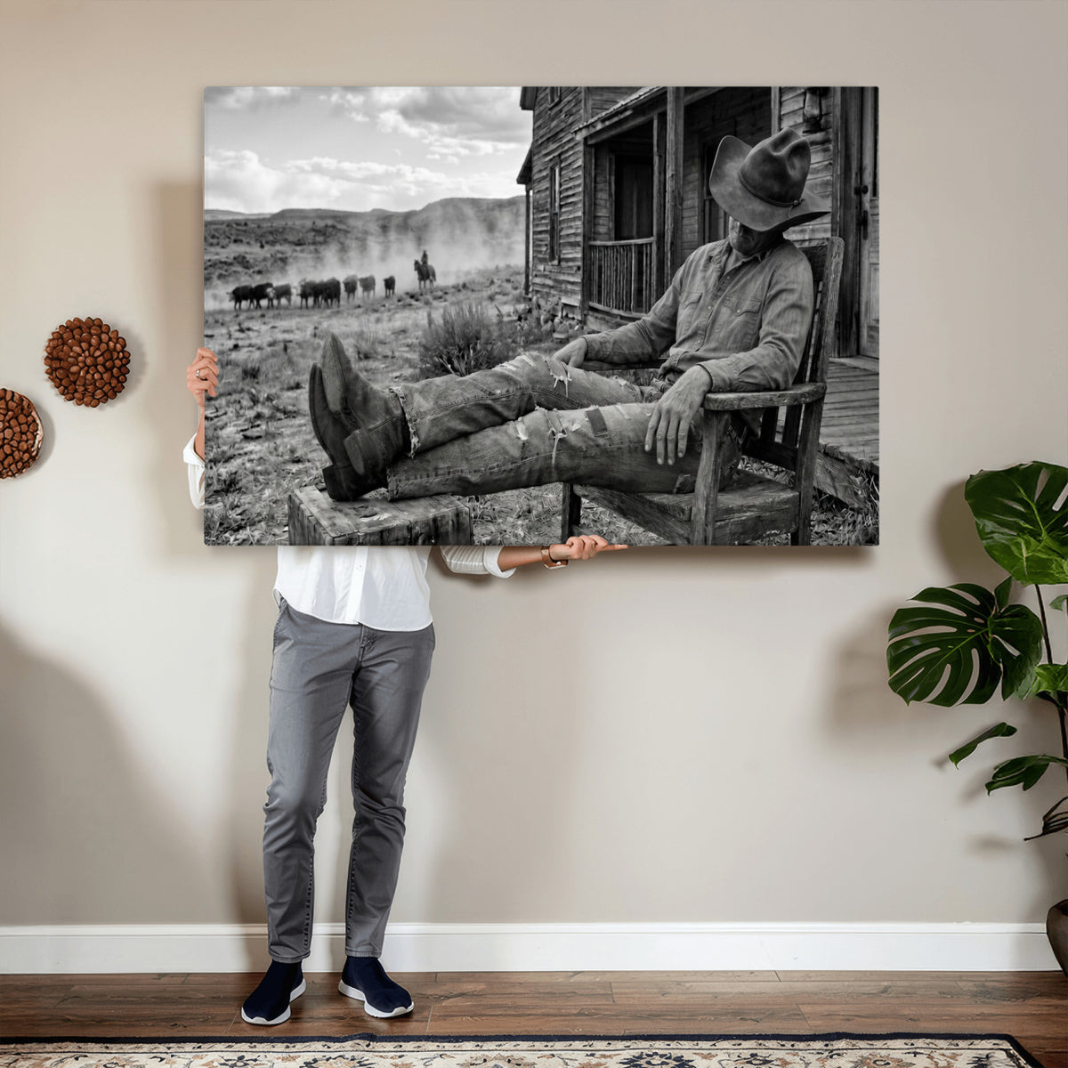 94461975S-MGV-CV-36X24 - Vintage Sleeping Cowboy Wall Art Canvas Print, Western Home Decor