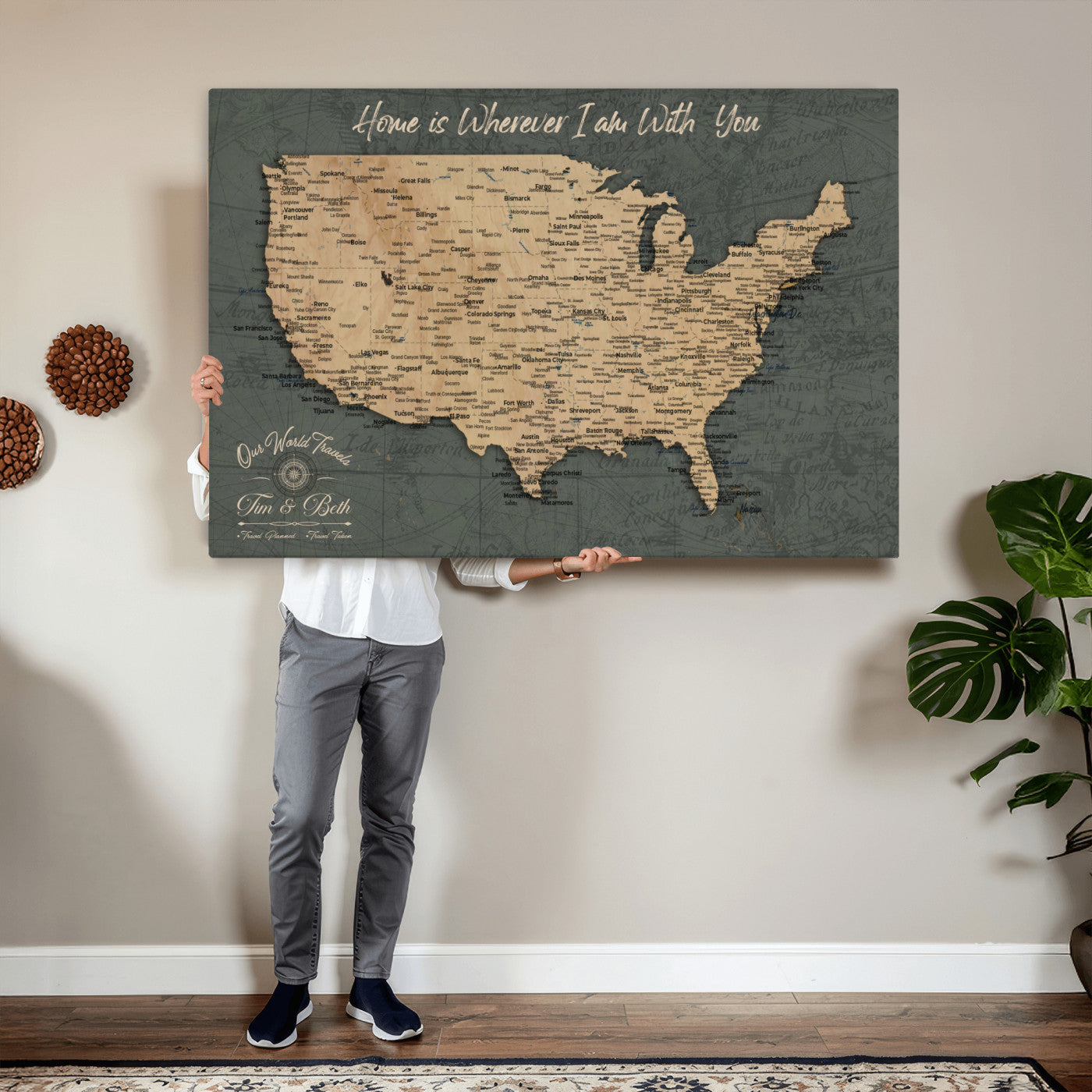 41270900-MGV-CV-36X24 - Custom Push Pin US Map Canvas | Personalized Travel Tracker | USA Cities Map Anniversary Gift for Couples | Adventure America Map Wall Art with Pins