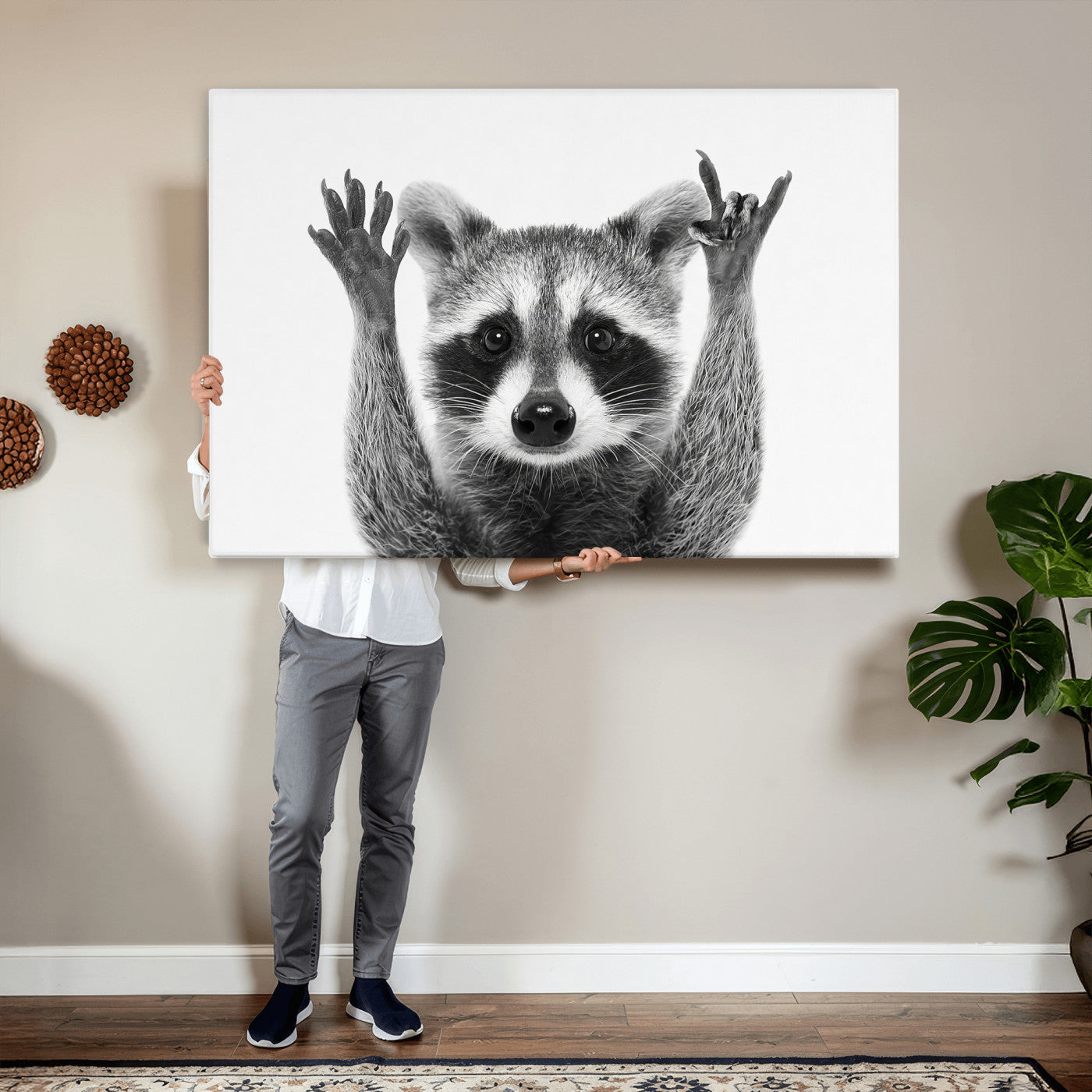 82392228-MGV-CV-36X24 - Funny Raccoon Canvas Wall Art, Black White Hands Up Animal Photo Print, Humorous Wildlife Decor, Kids Room Nursery Art, Quirky Animal Gift