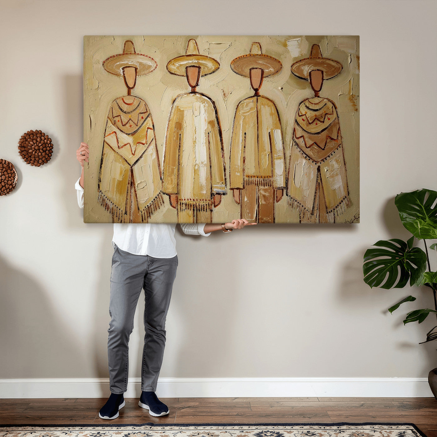 46071653-MGV-CV-36X24 - Mexican Folk Art Canvas Wall Art, Charro Poncho Sombrero Painting Print, Neutral Beige Boho Decor, Southwestern Impasto Style, Living Room Art