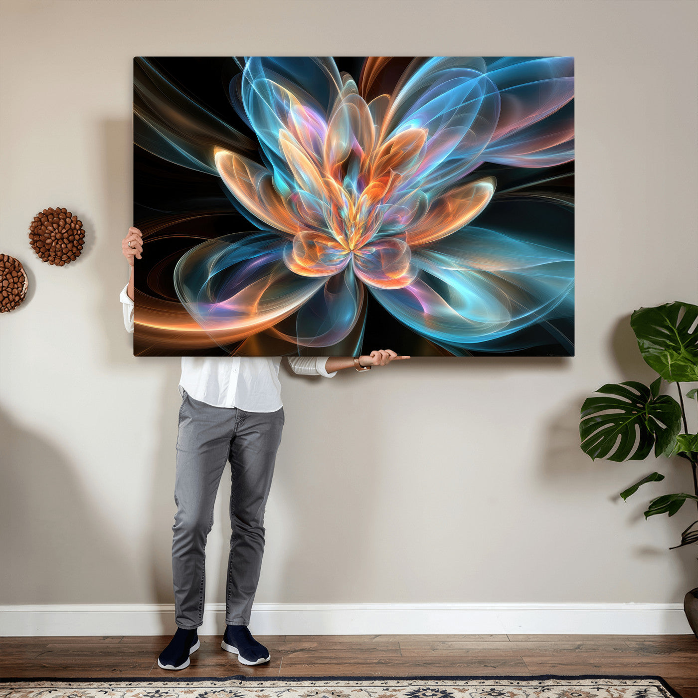 91902283-MGV-CV-36X24 - Fractal Lotus Canvas Wall Art, Blue Orange Glowing Flower Abstract Print, Modern Zen Meditation Room Decor, Ethereal Digital Art, Living Room