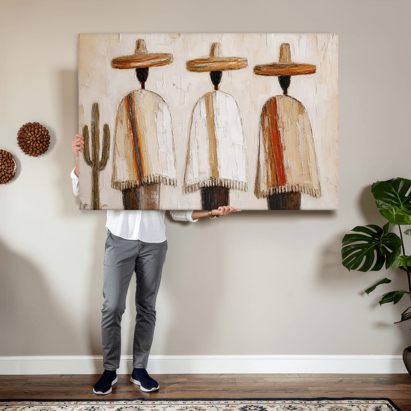 72884785-MGV-CV-36X24 - Mexican Folk Art Canvas Wall Art, Southwestern Sombrero Poncho Painting, Neutral Earthy Boho Decor, Fiesta Living Room Art, Impasto Style Print