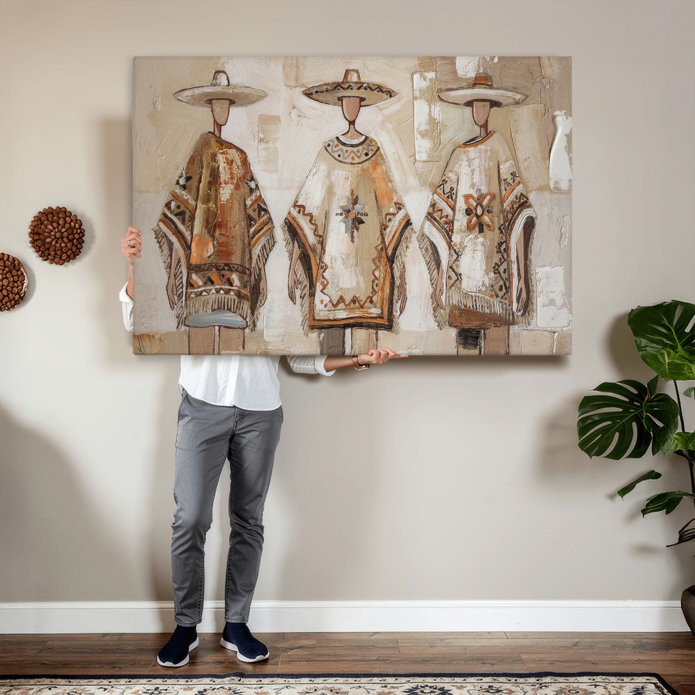 85373290-MGV-CV-36X24 - Mexican Folk Art Canvas Wall Art, Charro Poncho Sombrero Painting Print, Neutral Beige Boho Decor, Southwestern Impasto Style, Living Room Art