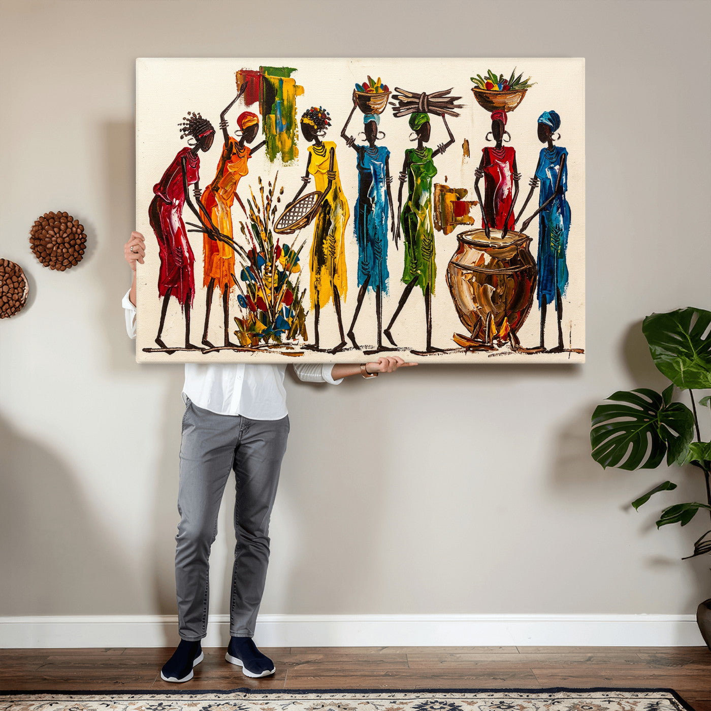 83463154-MGV-CV-36X24 - African Folk Art Canvas Wall Art, Colorful African Women Village Painting Print, Tribal Ethnic Home Decor, Vibrant African Art, Living Room