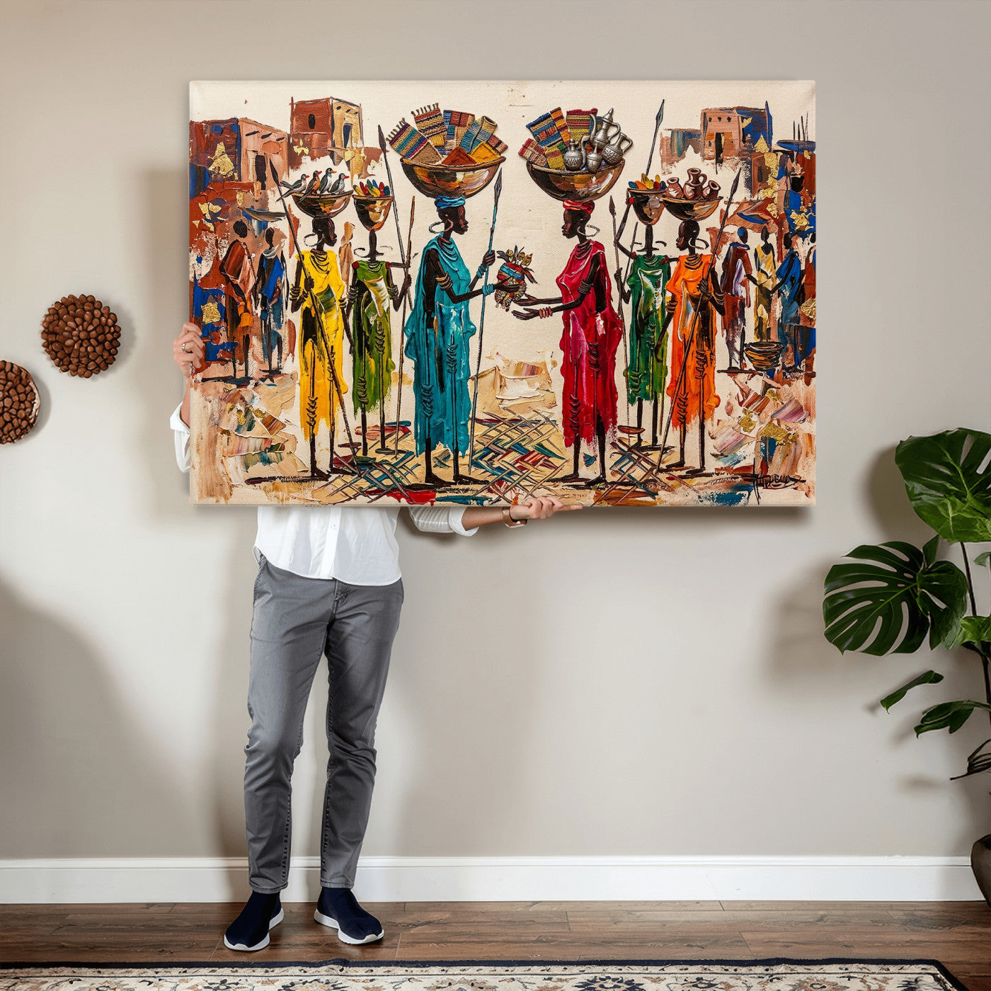 54818657-MGV-CV-36X24 - African Folk Art Canvas Wall Art, Colorful African Women Village Painting Print, Tribal Ethnic Home Decor, Vibrant African Art, Living Room