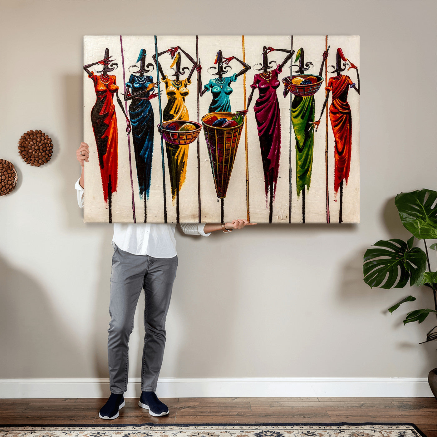 53545627-MGV-CV-36X24 - African Folk Art Canvas Wall Art, Colorful African Women Village Painting Print, Tribal Ethnic Home Decor, Vibrant African Art, Living Room