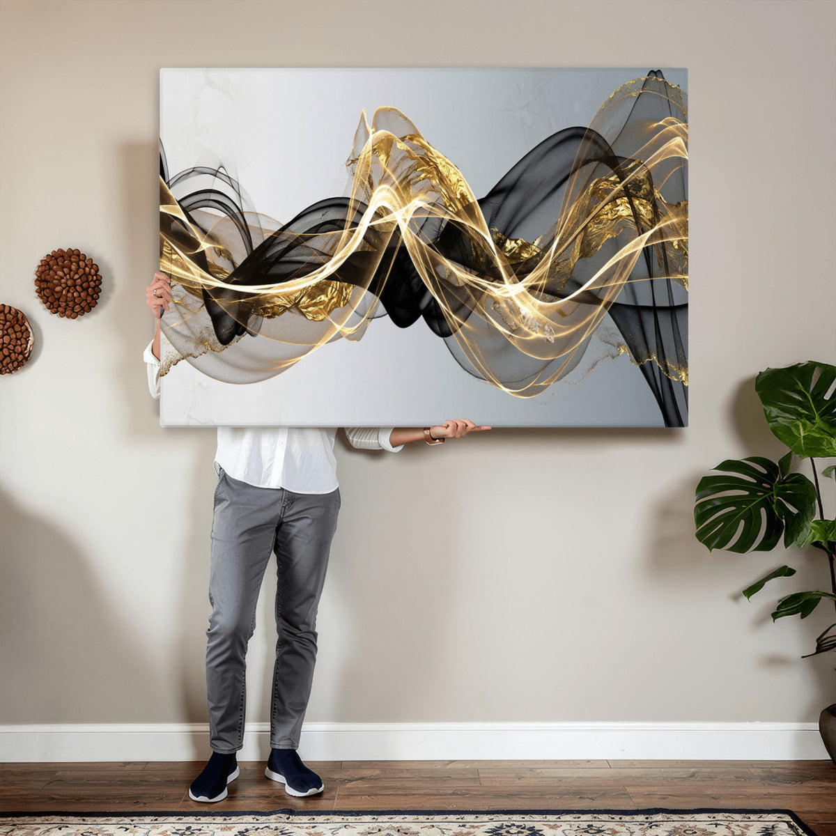 79483321DL-MGV-CV-36X24 - Black and Gold Abstract Wall Art, Modern Wave Canvas Print, Elegant Flowing Smoke Art, Luxury Living Room Decor