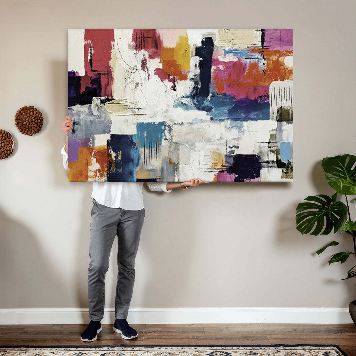 57864023-MGV-CV-36X24 - Blue Teal Abstract Canvas Wall Art, Modern Textured Painting Print, Navy Orange White Contemporary Art, Neutral Living Room Decor, Office Art