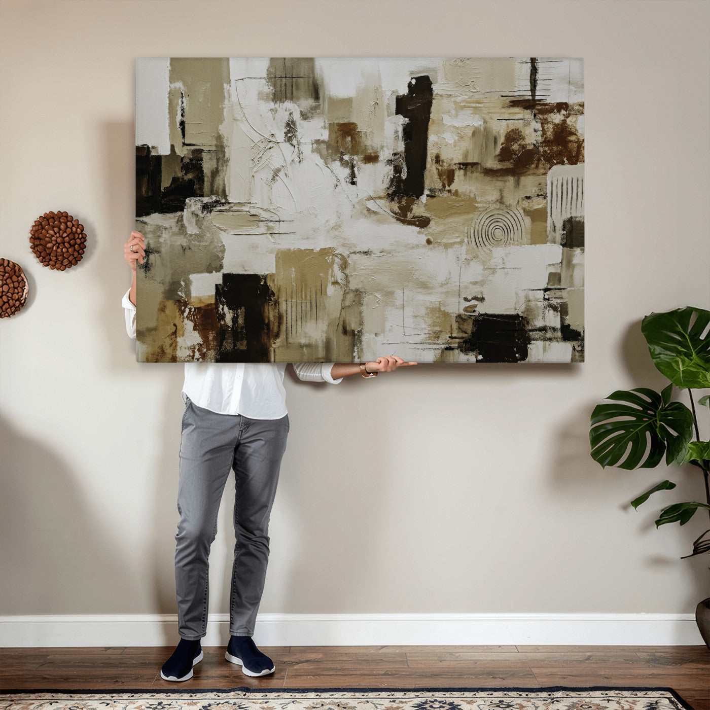 15668286-MGV-CV-36X24 - Blue Teal Abstract Canvas Wall Art, Modern Textured Painting Print, Navy Orange White Contemporary Art, Neutral Living Room Decor, Office Art