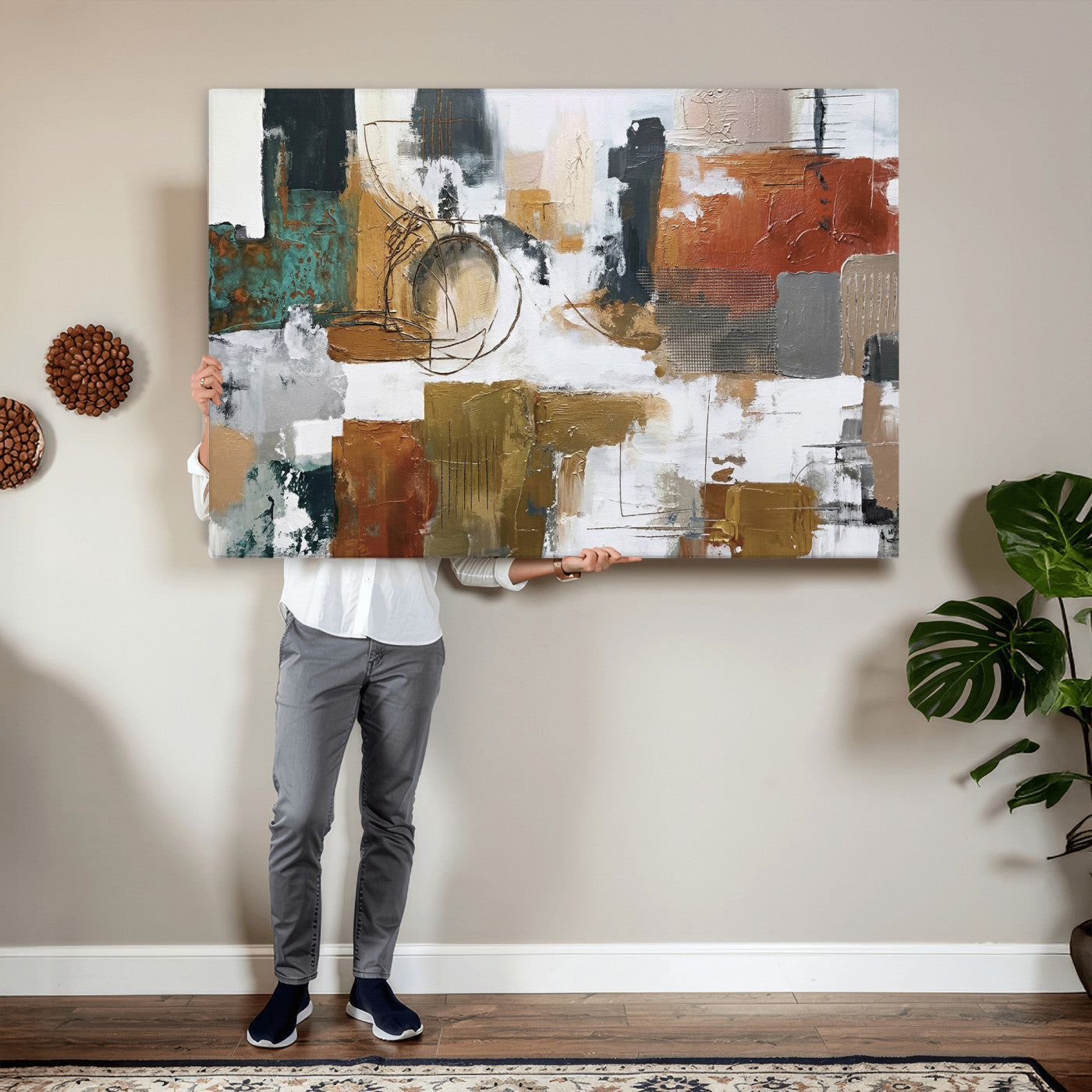 50720312-MGV-CV-36X24 - Blue Teal Abstract Canvas Wall Art, Modern Textured Painting Print, Navy Orange White Contemporary Art, Neutral Living Room Decor, Office Art