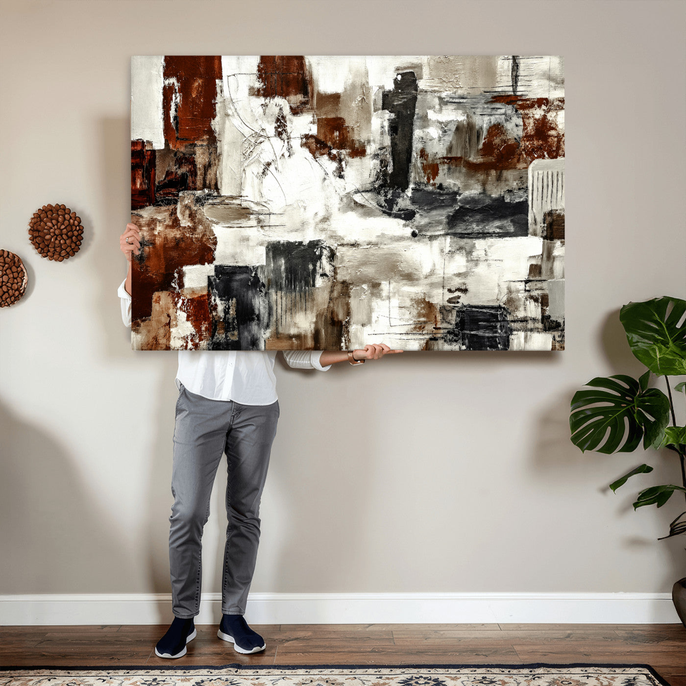53022468-MGV-CV-36X24 - Blue Teal Abstract Canvas Wall Art, Modern Textured Painting Print, Navy Orange White Contemporary Art, Neutral Living Room Decor, Office Art