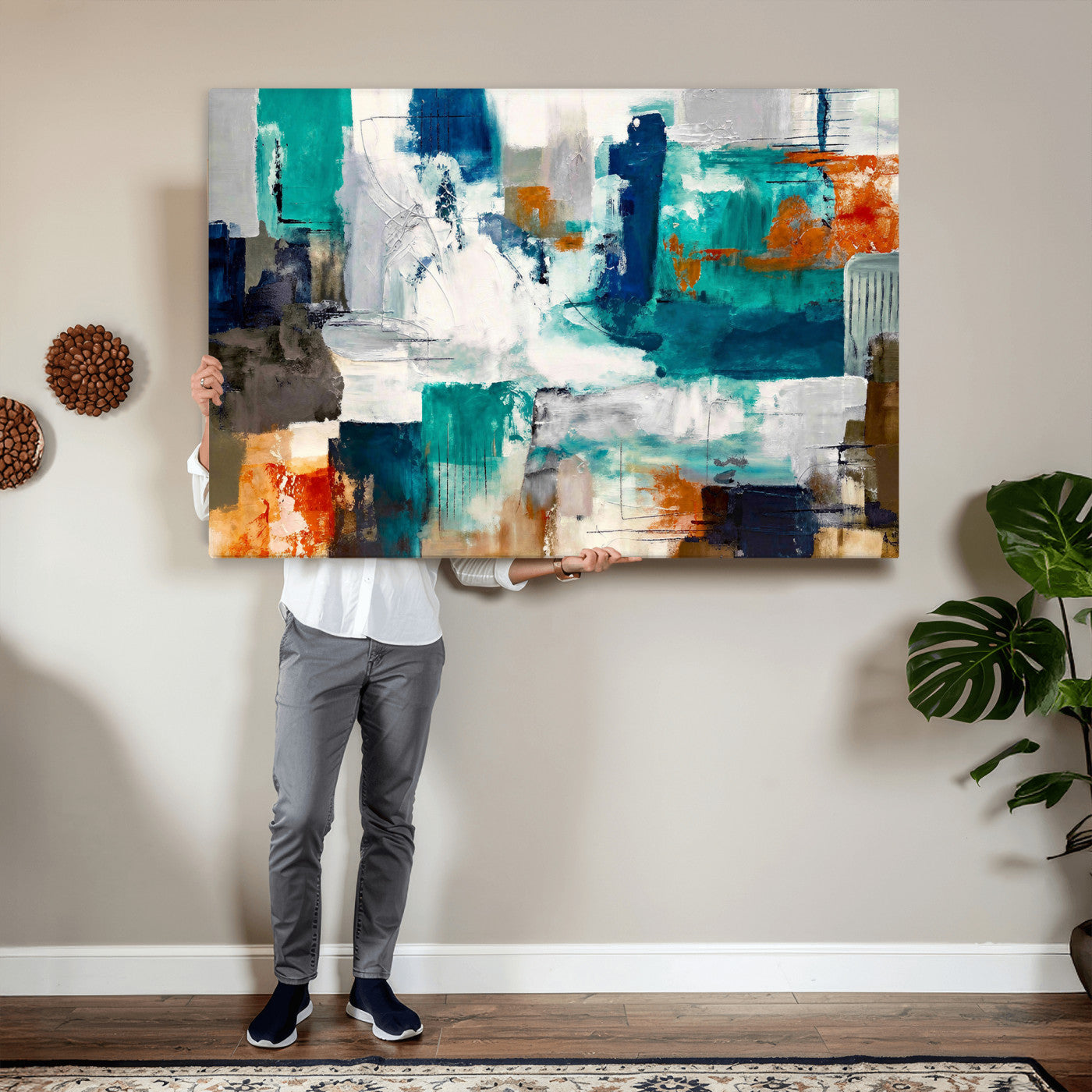 44038089-MGV-CV-36X24 - Blue Teal Abstract Canvas Wall Art, Modern Textured Painting Print, Navy Orange White Contemporary Art, Neutral Living Room Decor, Office Art