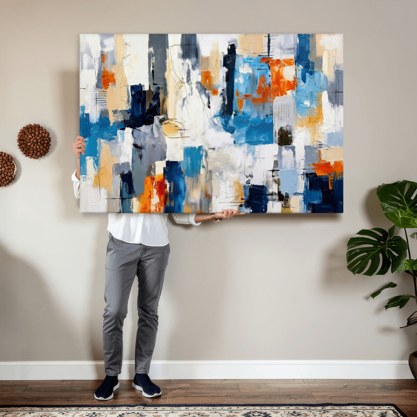 83915061-MGV-CV-36X24 - Blue Teal Abstract Canvas Wall Art, Modern Textured Painting Print, Navy Orange White Contemporary Art, Neutral Living Room Decor, Office Art