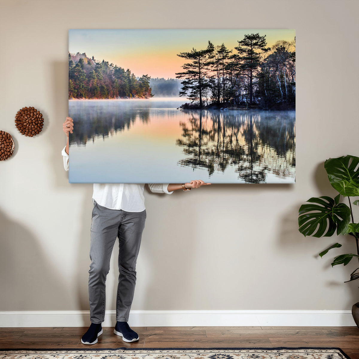 34236027-MGV-CV-36X24 - Before People Wake Canvas Wall Art Print, Misty Lake Sunrise Landscape, Forest Reflection Nature Decor, Ready to Hang