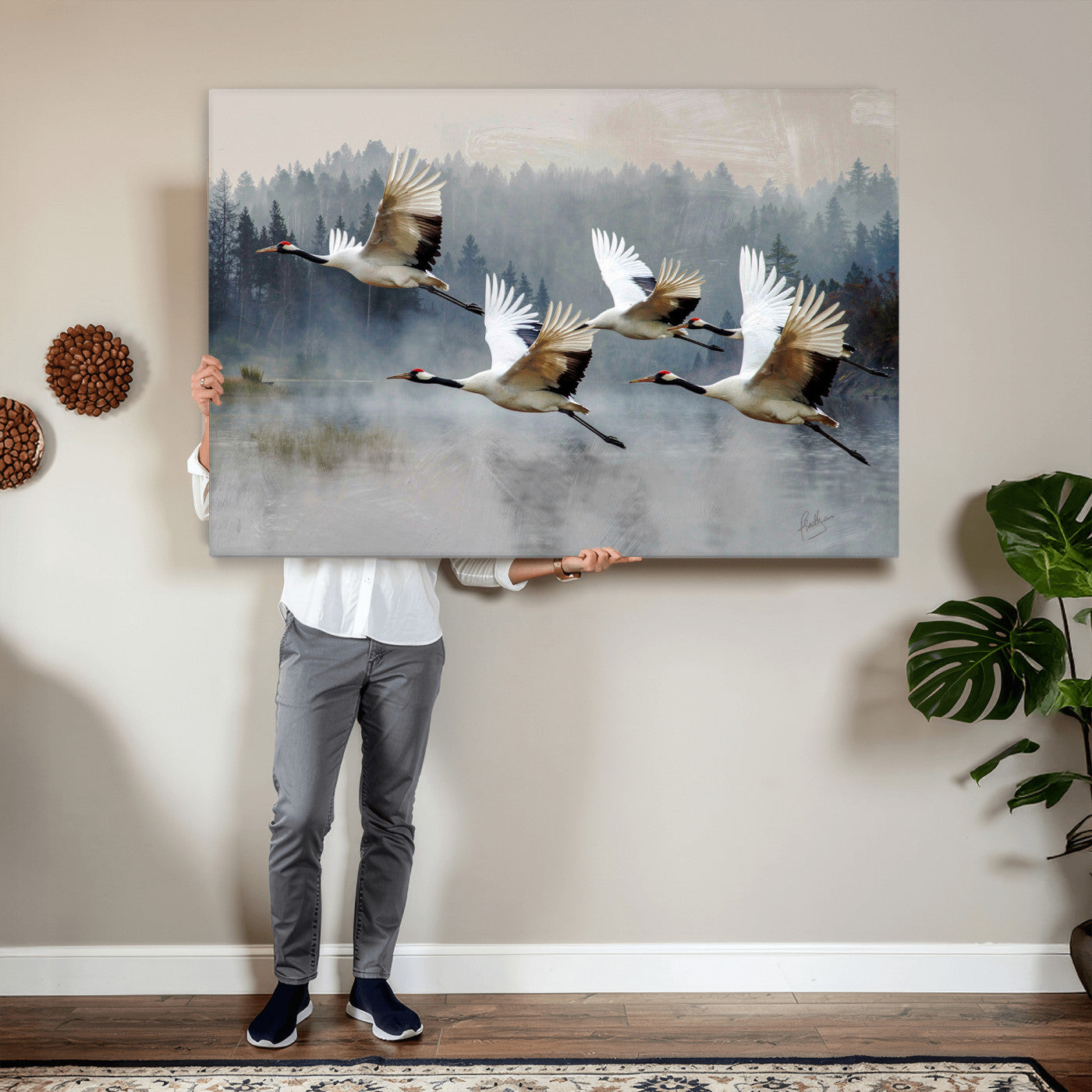 24356826-MGV-CV-36X24 - Flying Crane Canvas Wall Art Print, White Crane Bird Artwork, Wildlife Nature Decor, Lake Landscape Canvas, Ready to Hang