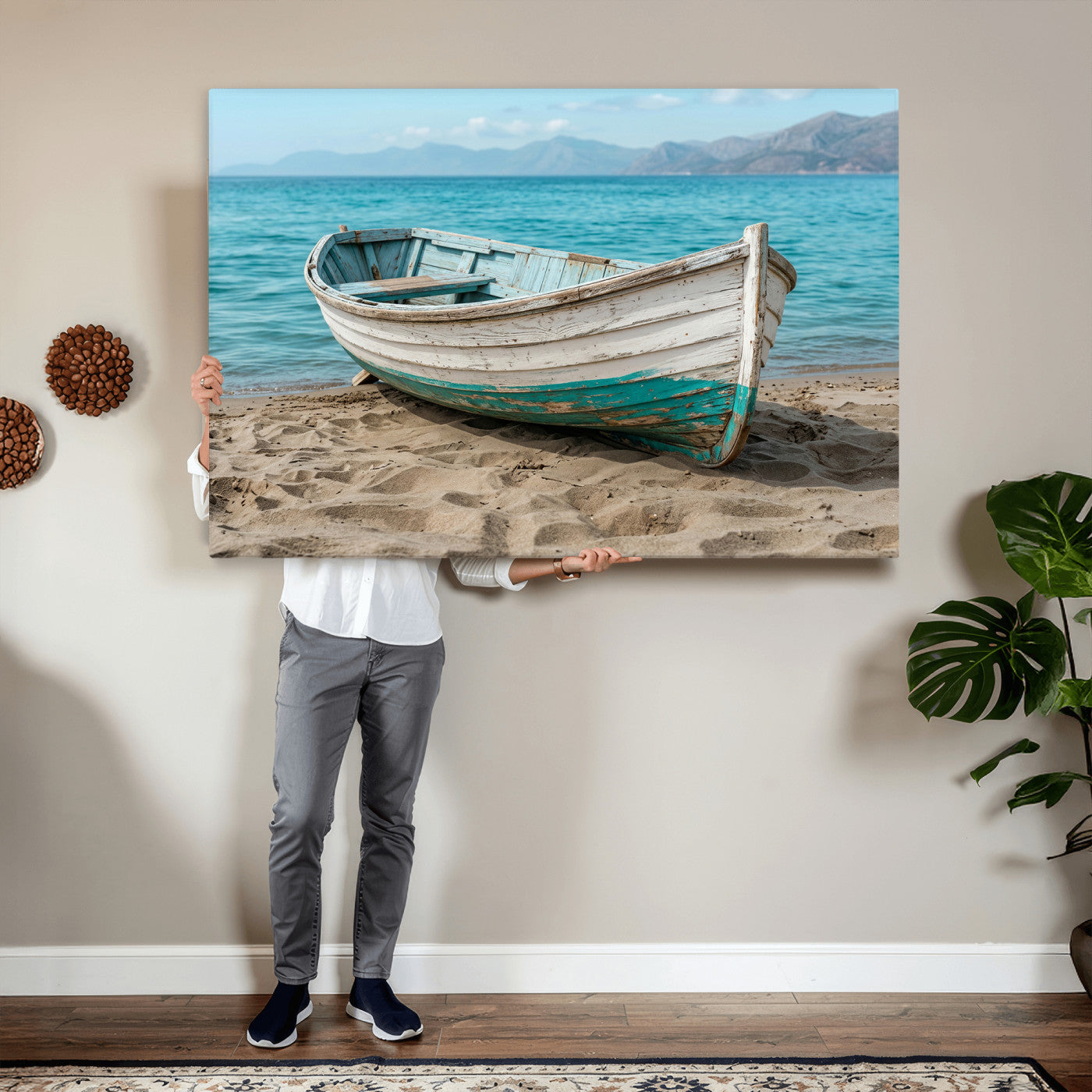 49963709-MGV-CV-36X24 - Coastal Boat Canvas Wall Art Print, Beach Boat Painting, Nautical Ocean Decor, Seascape Wall Art, Ready to Hang