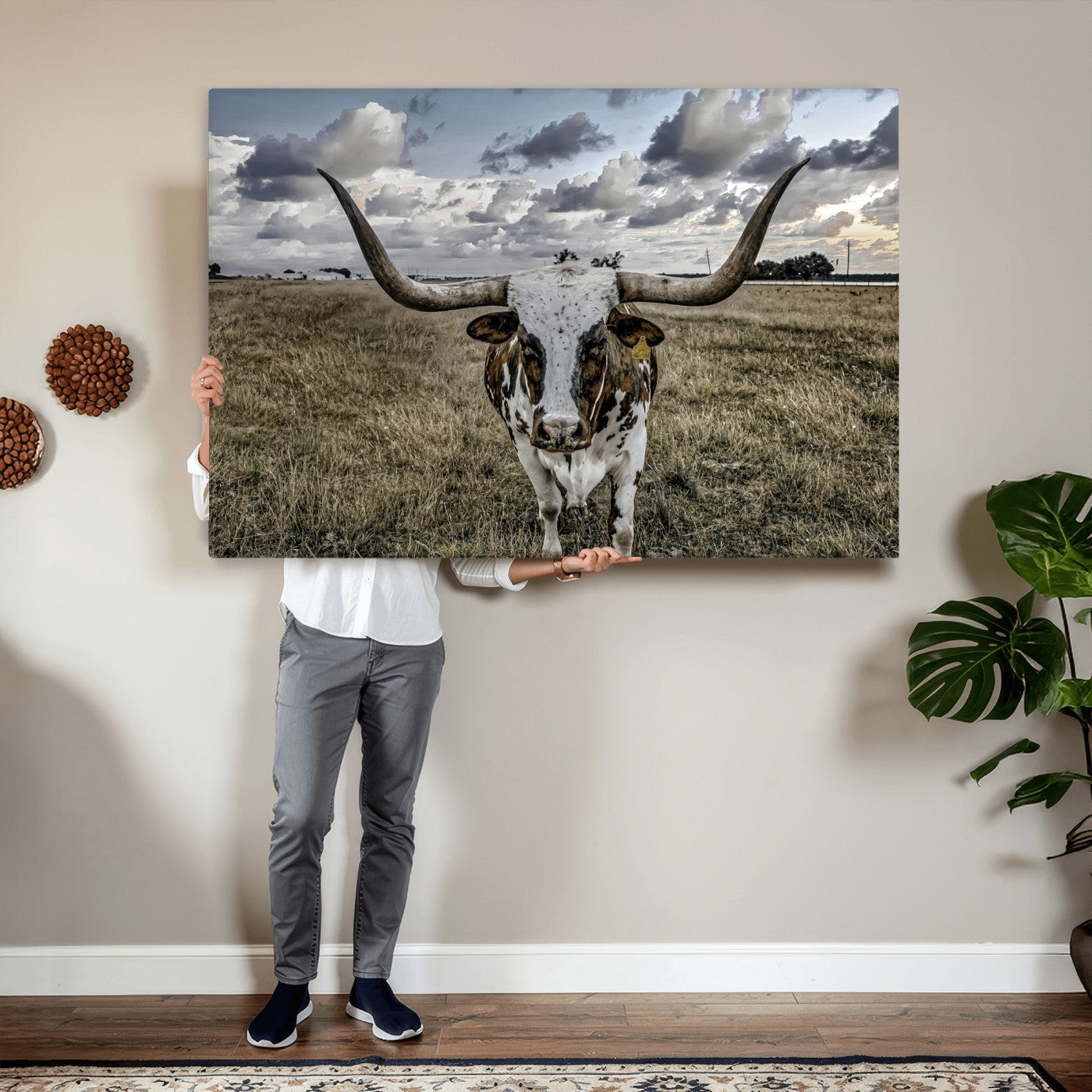 17464823-MGV-CV-36X24 - Texas Longhorn Canvas Wall Art Print, Western Cow Photography, Rustic Ranch Decor, Farmhouse Wall Art, Ready to Hang