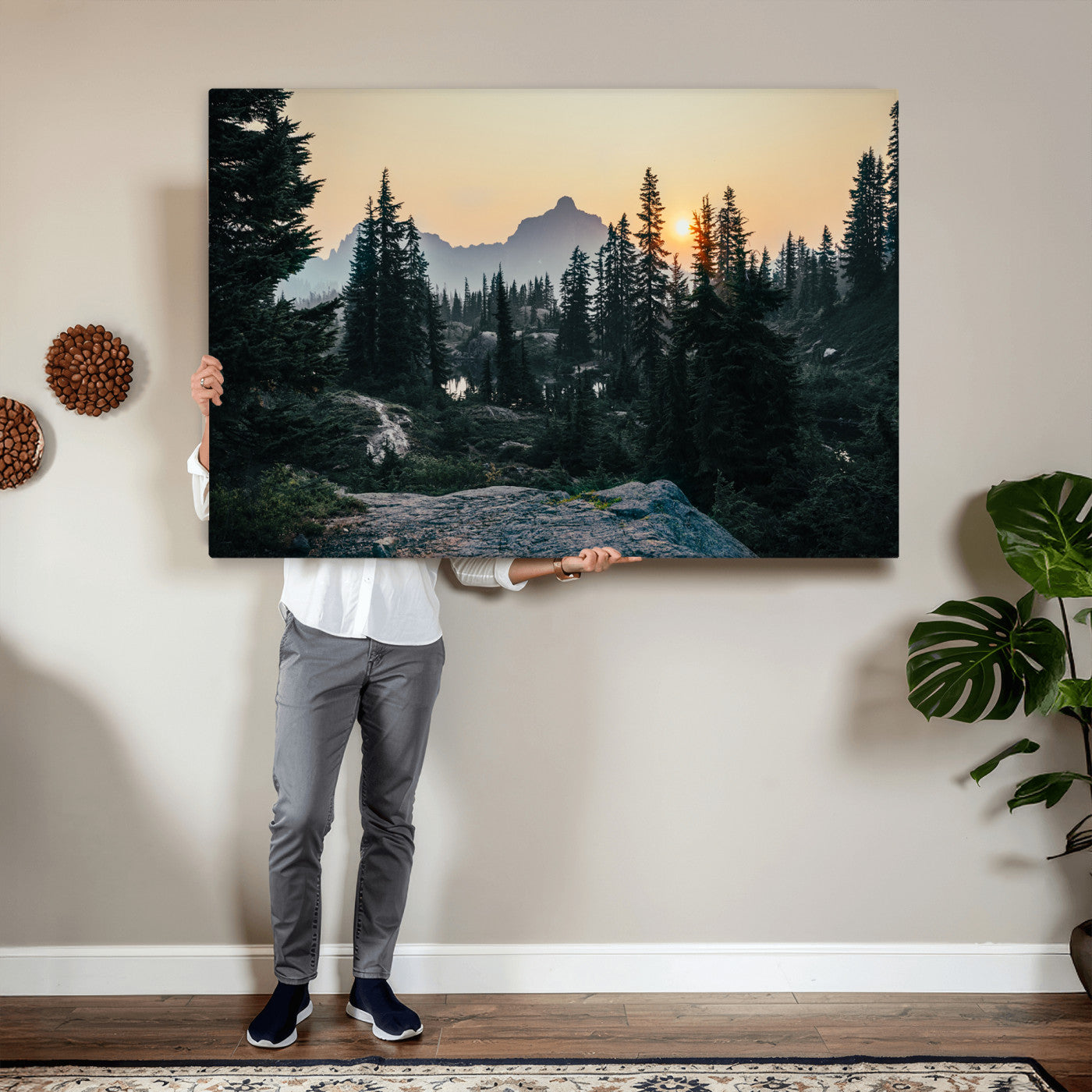 89996020-MGV-CV-36X24 - Mountain Forest Canvas Wall Art Print - Pine Tree Landscape, Sunset Nature Photography, Wilderness Wall Decor, Ready to Hang