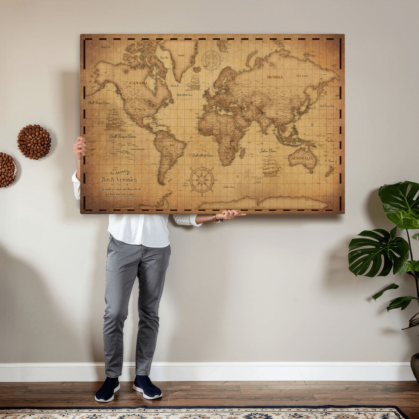 55328610-MGV-CV-36X24 - Personalize Push Pin World Map, Vintage Travel Map Canvas, Custom Names Anniversary Gift, Places Visited Pin Board, Couples Adventure Arts