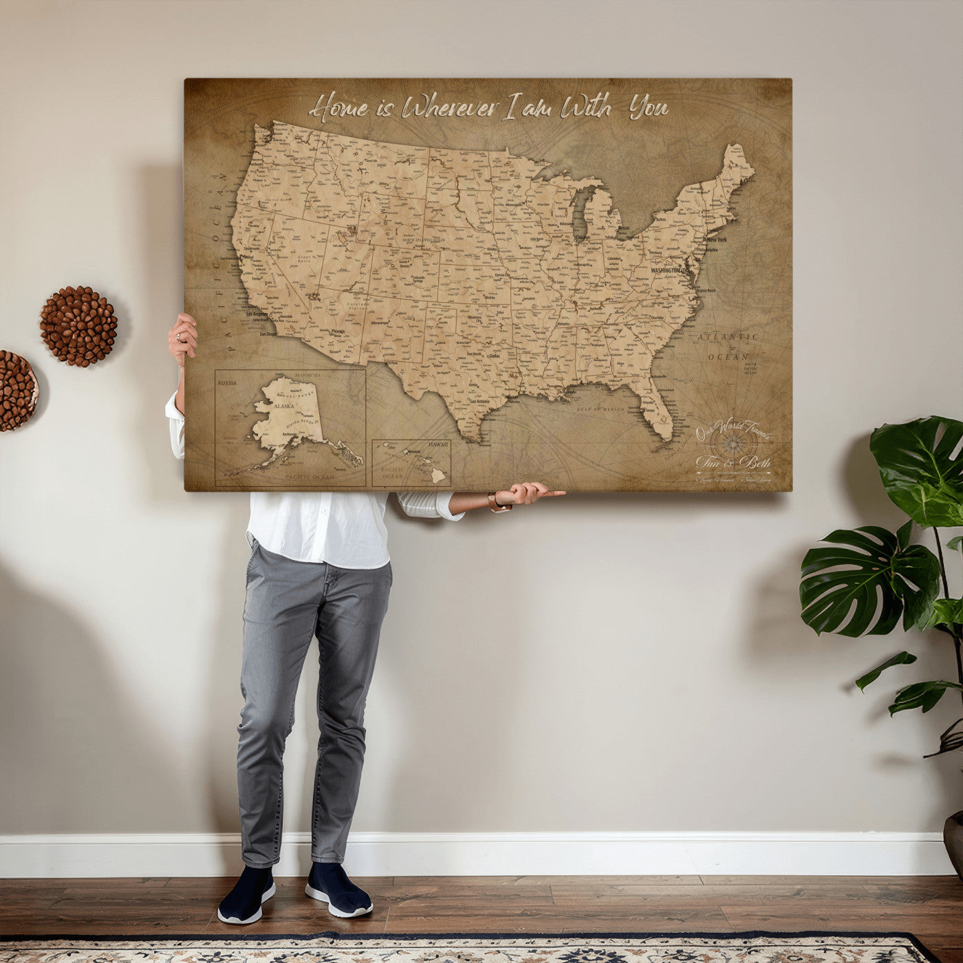 21454917-MGV-CV-36X24 - Personalized USA Push Pin Travel Map, Custom United States Map, Push Pin Map, USA Bucket List Map, Anniversary Gift, Couple Travel Map Wall Art