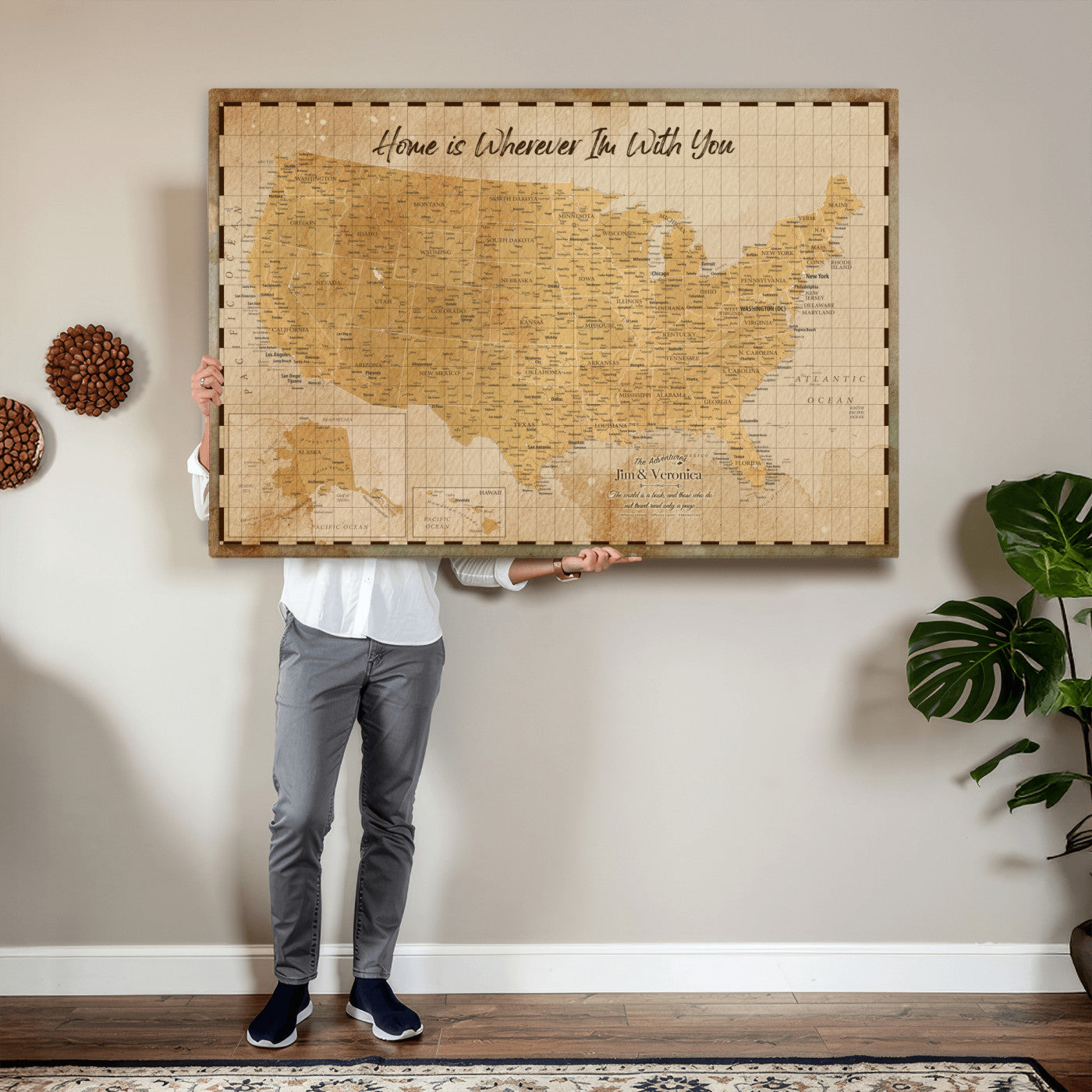 62164711-MGV-CV-36X24 - Personalized USA Push Pin Travel Map, Custom United States Map, Push Pin Map, USA Bucket List Map, Anniversary Gift, Couple Travel Map Wall Art