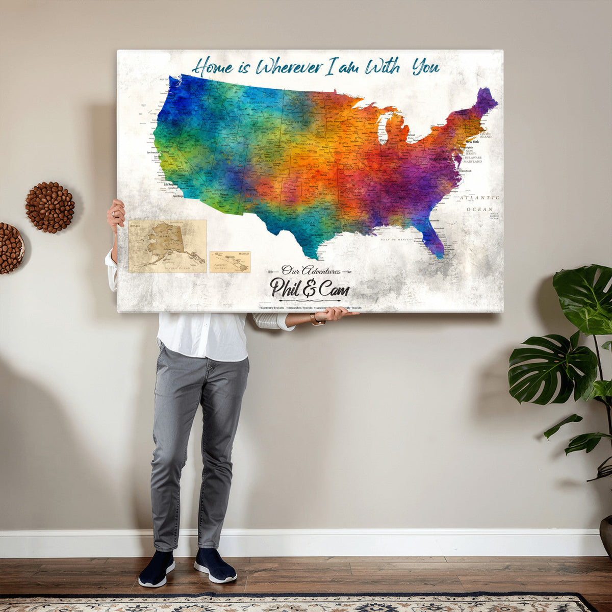 17251793-MGV-CV-36X24 - Watercolor USA Travel Map with Pins Colorful Modern Canvas Wall Art