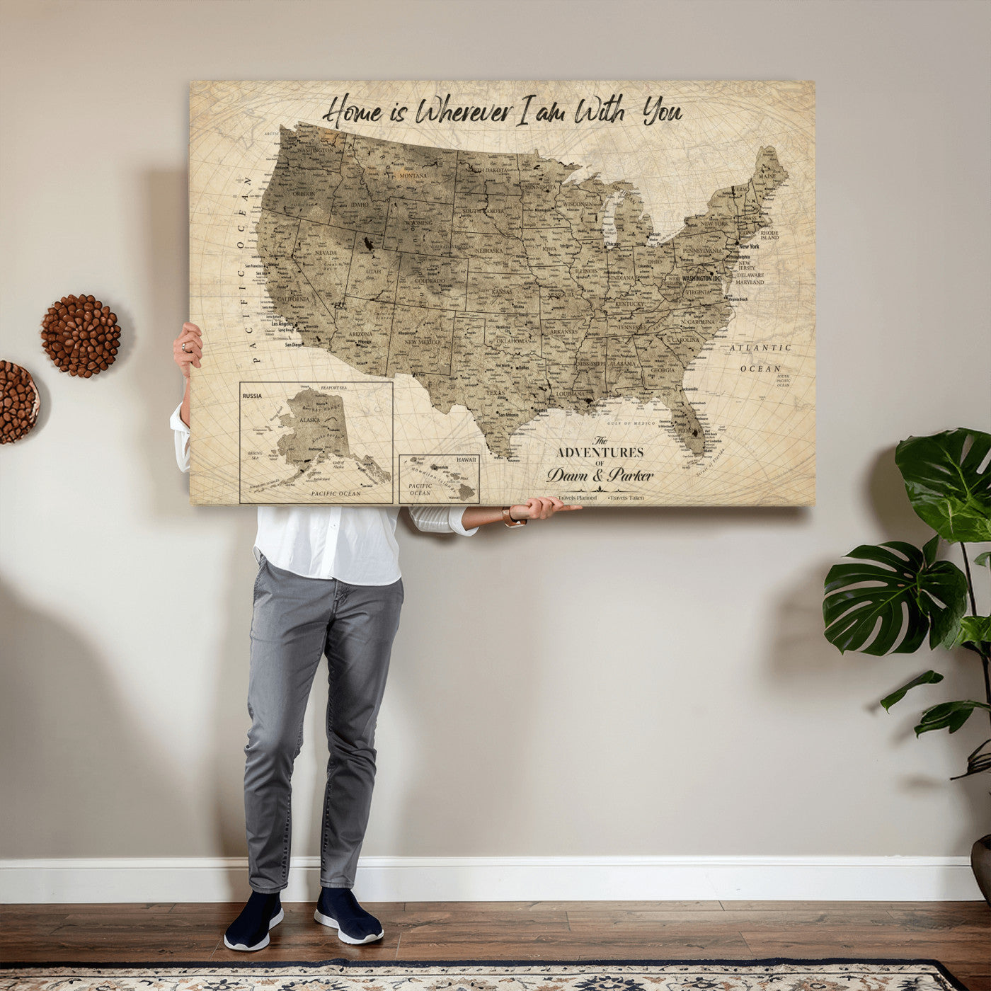 25440520-MGV-CV-36X24 - Personalized United States Map Canvas Wall Art with Push Pins Detailed