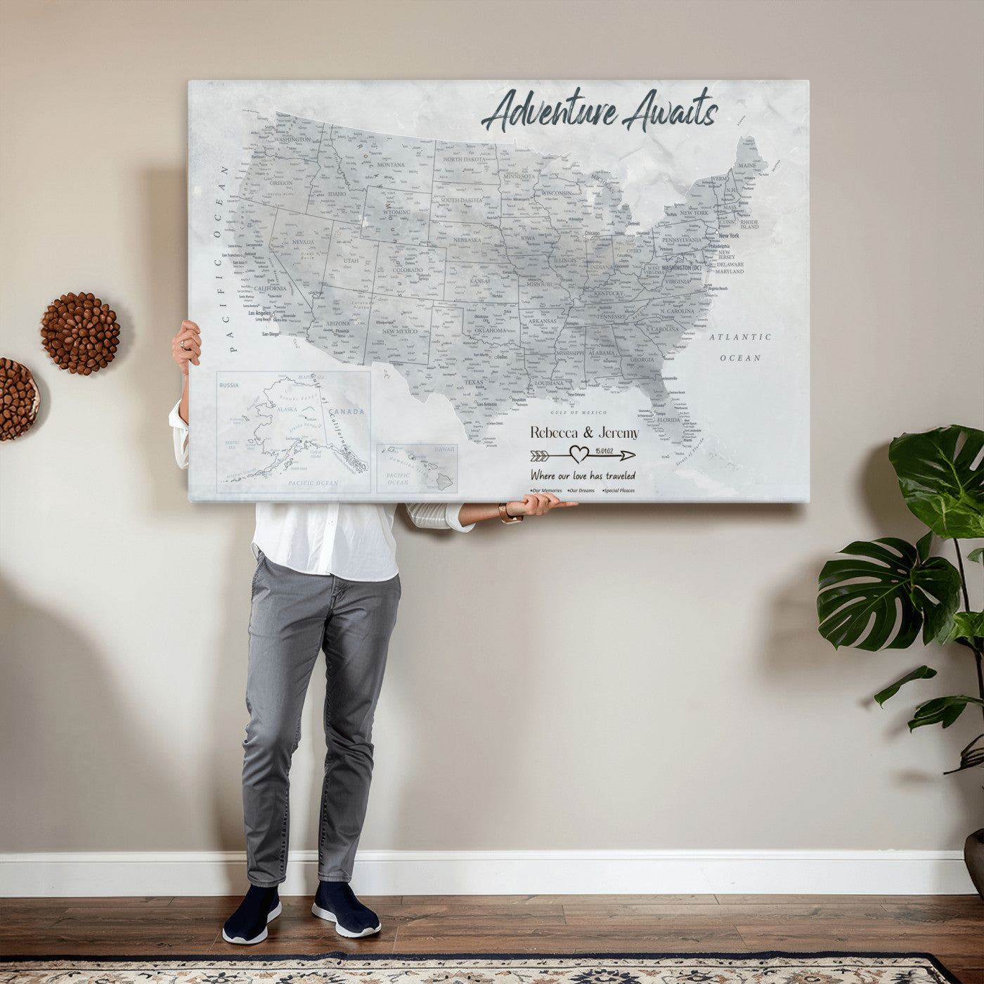 66120672-MGV-CV-36X24 - Personalized America Push Pin Travel Map Canvas Wall Art for Custom Family Gift